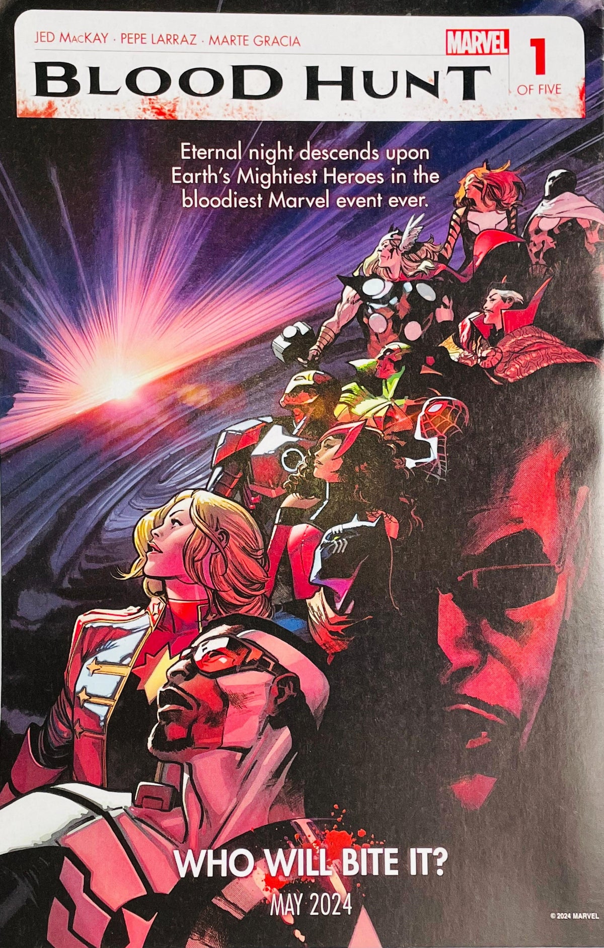 Blood Hunt #1 promotional artwork featuring Captain Marvel, Iron Man and other Marvel heroes against a dark cosmic background.