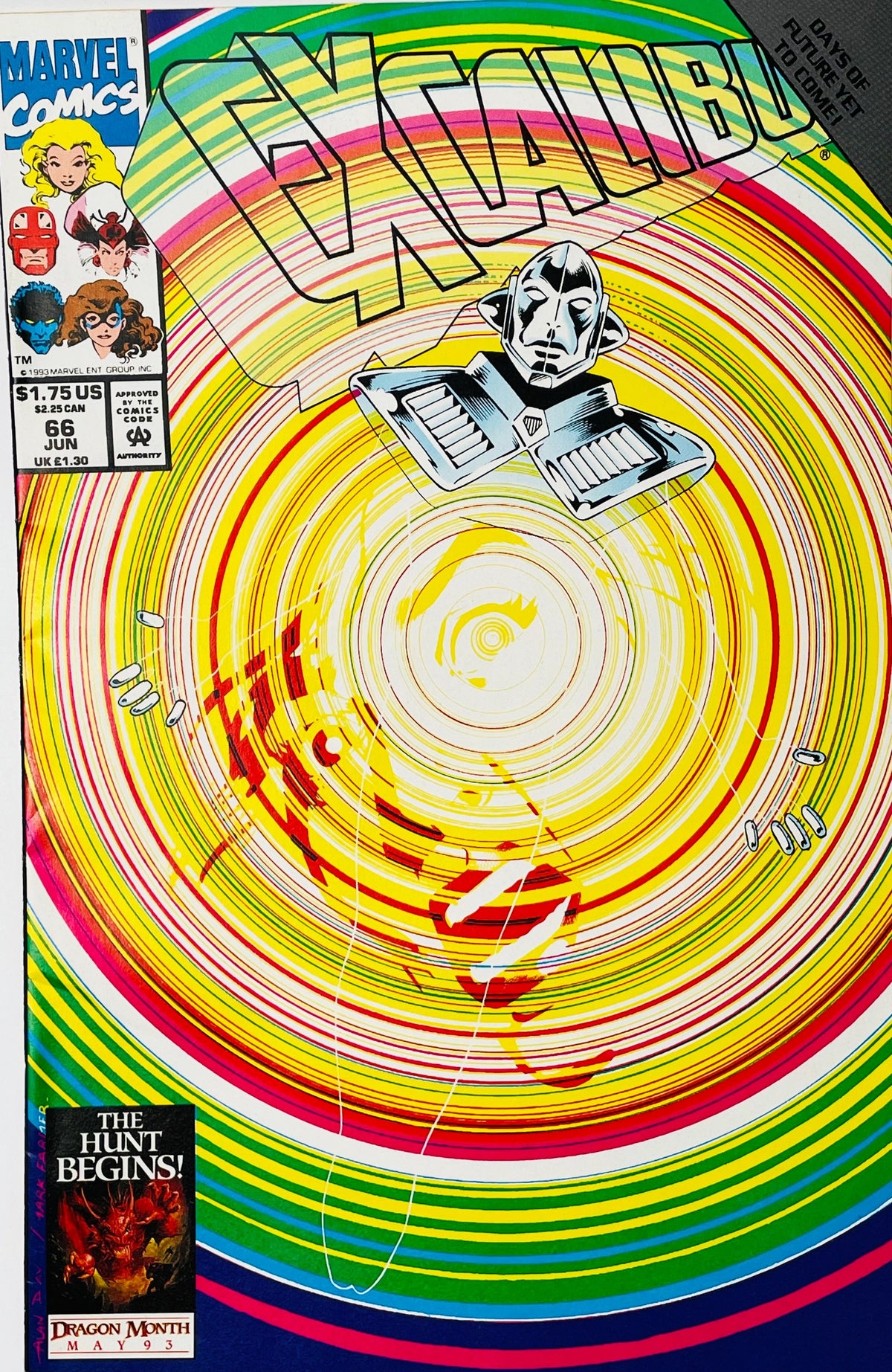 Marvel Comics Exiled #1 comic book cover featuring a stylized illustration of a silver robot-like figure floating above concentric rainbow rings, with the title 'EXILIED' across the top and Marvel branding in the upper left.