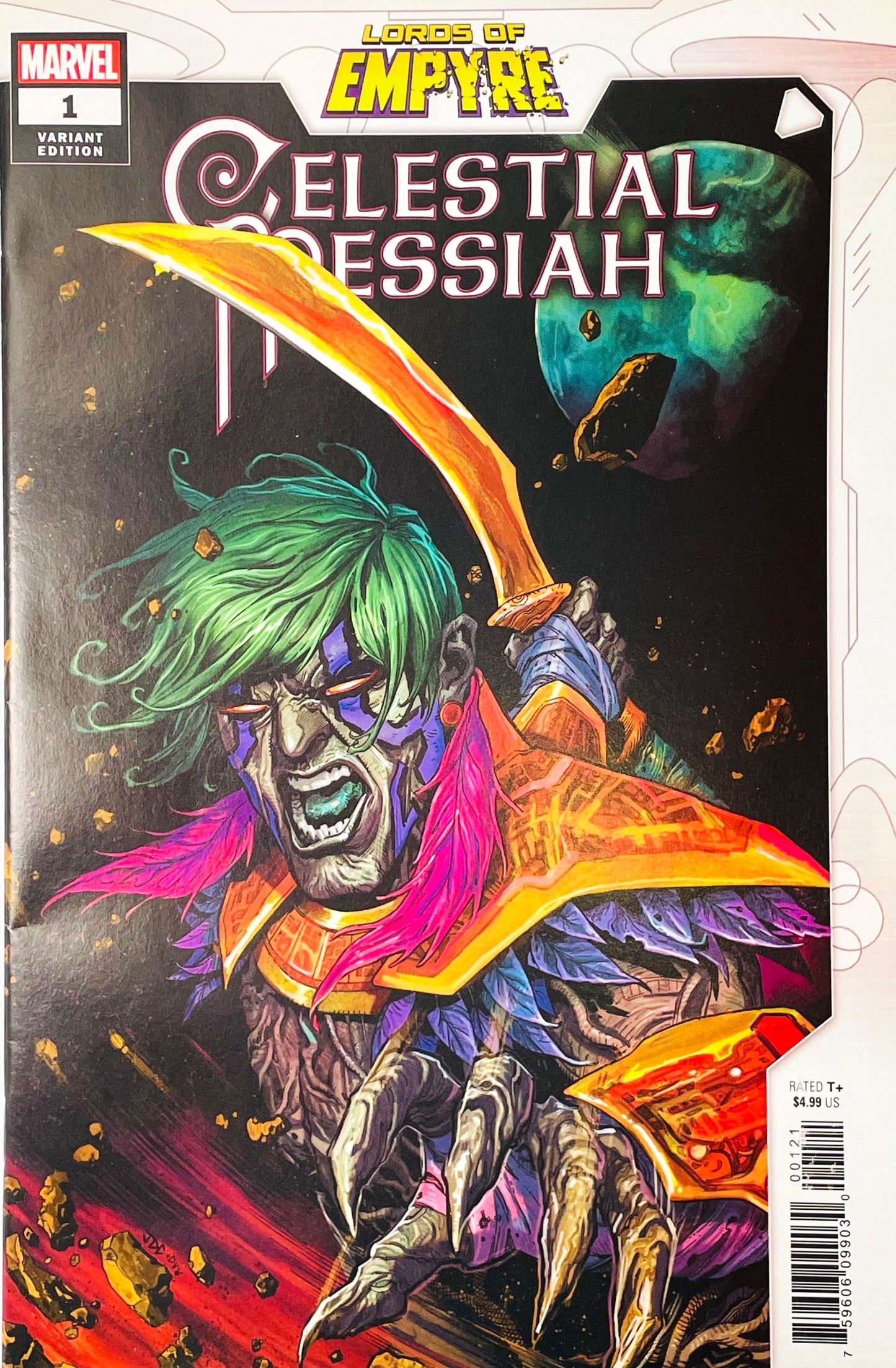 Marvel's Lord of the Empyre Celestial Messiah variant edition comic book cover, featuring a detailed fantasy illustration of a skeletal figure with green hair, a glowing orange sword, and a purple cloak against a cosmic background.