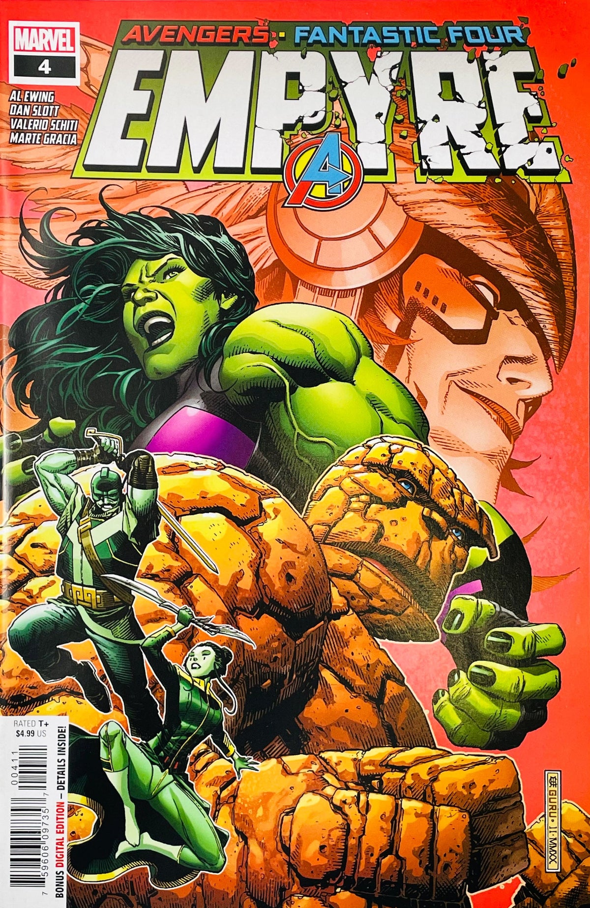 Marvel's Avengers: Fantastic Four - Empire issue #4 comic book cover featuring Shego, the Thing, and other characters in a dynamic illustrated battle scene on a red-orange background.