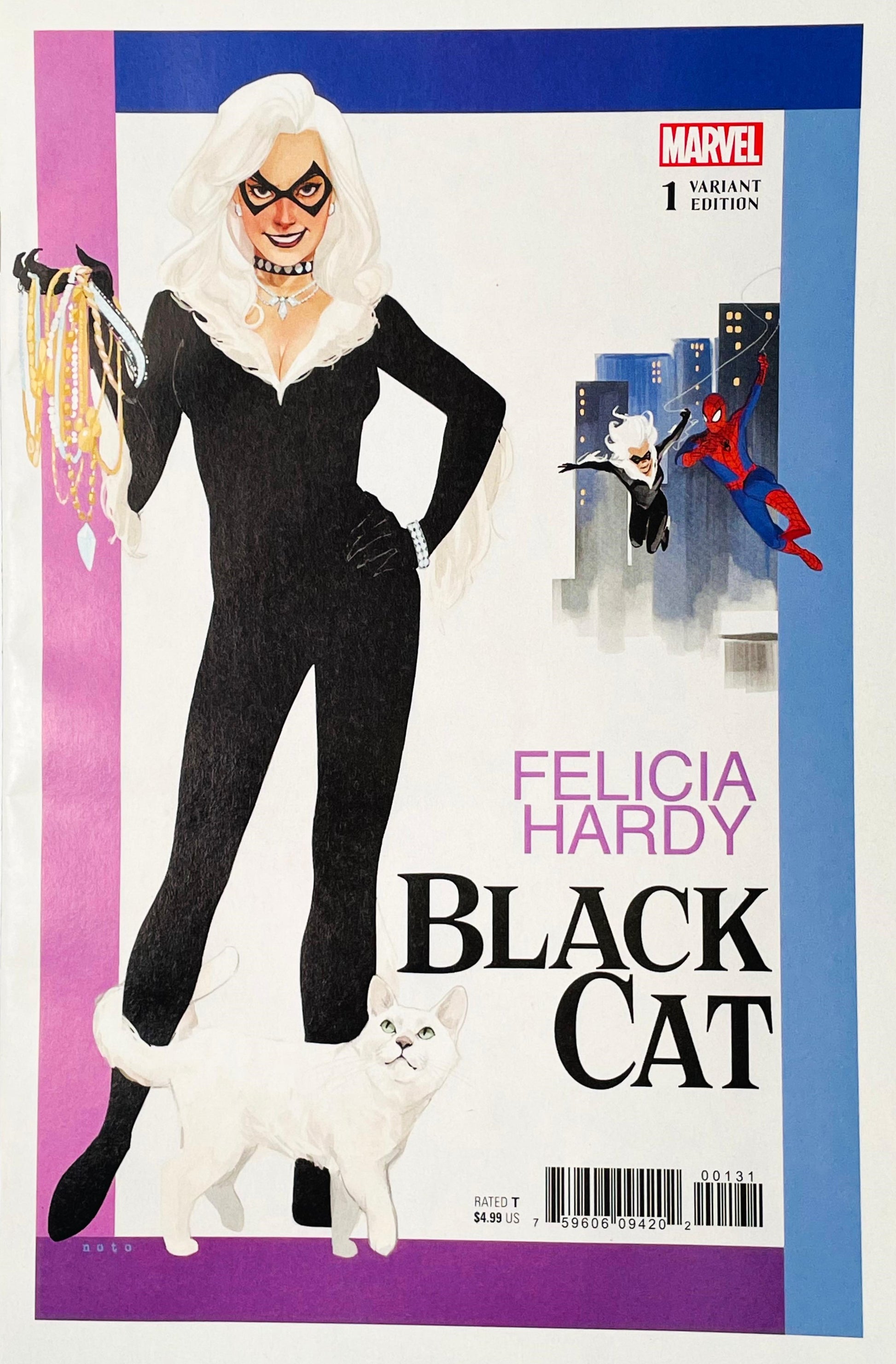 Marvel Black Cat variant edition comic book cover featuring Felicia Hardy, with a large illustrated Black Cat in a black bodysuit, a white cat, and Spider-Man in the background.