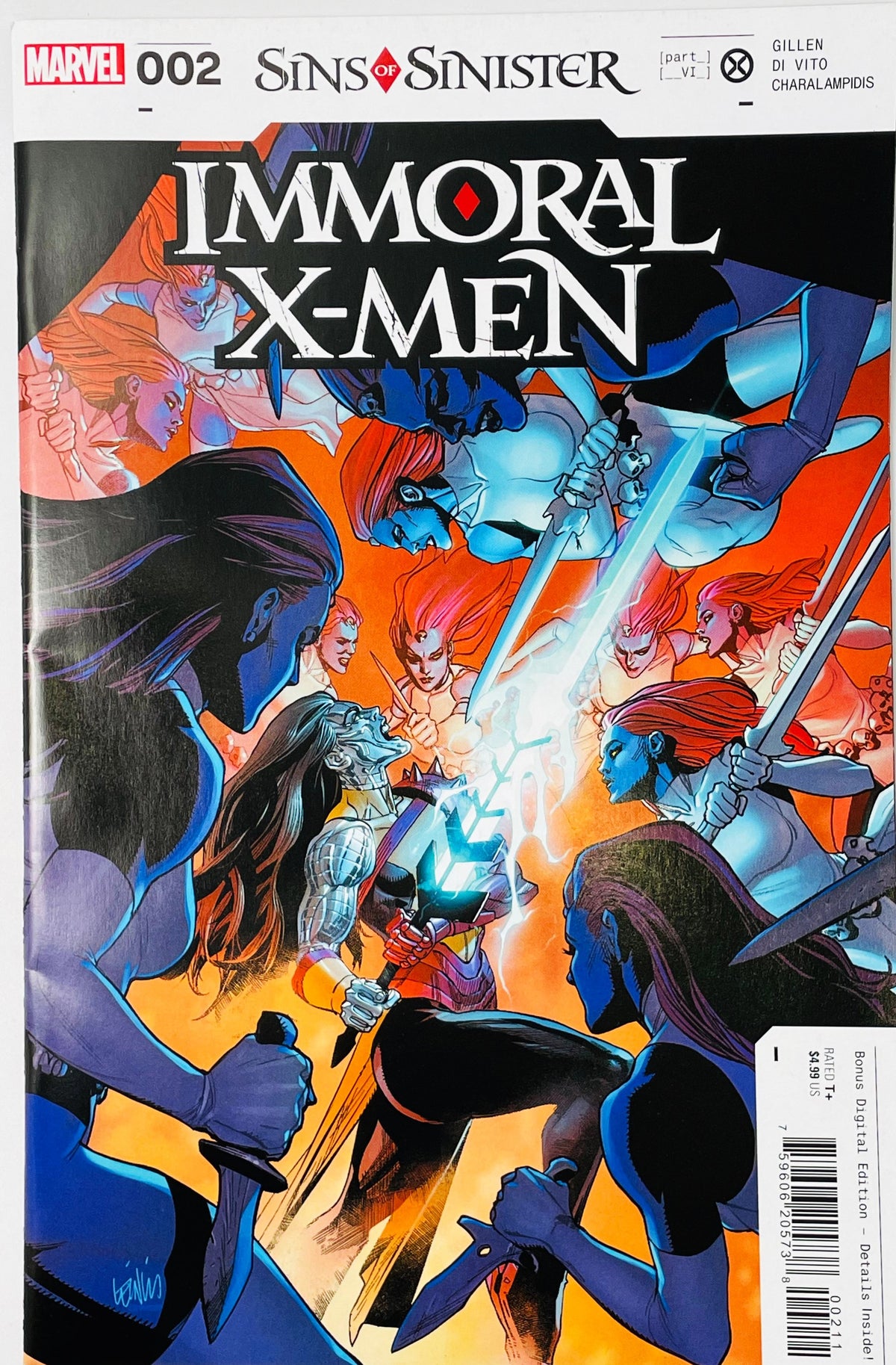 Marvel's Immoral X-Men #2 comic book cover, featuring a dynamic illustrated battle scene with multiple X-Men characters in blue, red, black, and orange tones. The Marvel logo and issue number 002 are visible at the top.