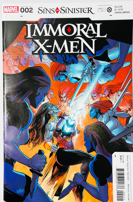 Marvel's Immoral X-Men #2 comic book cover, featuring a dynamic illustrated battle scene with multiple X-Men characters in blue, red, black, and orange tones. The Marvel logo and issue number 002 are visible at the top.