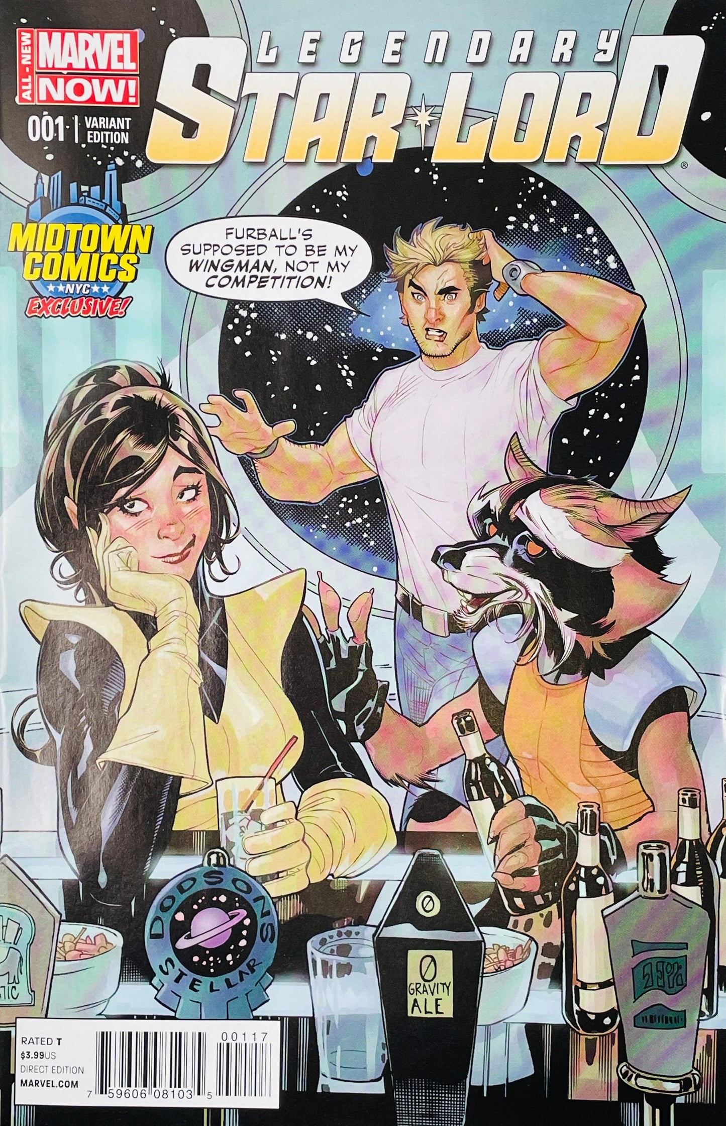 Marvel Now! variant edition comic book cover for Legendary Star-Lord #1, featuring stylized illustrations of characters in a futuristic bar setting with a large starry space backdrop.