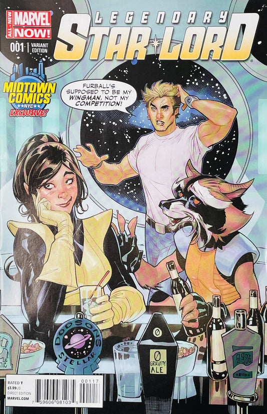Marvel Now! variant edition comic book cover for Legendary Star-Lord #1, featuring stylized illustrations of characters in a futuristic bar setting with a large starry space backdrop.