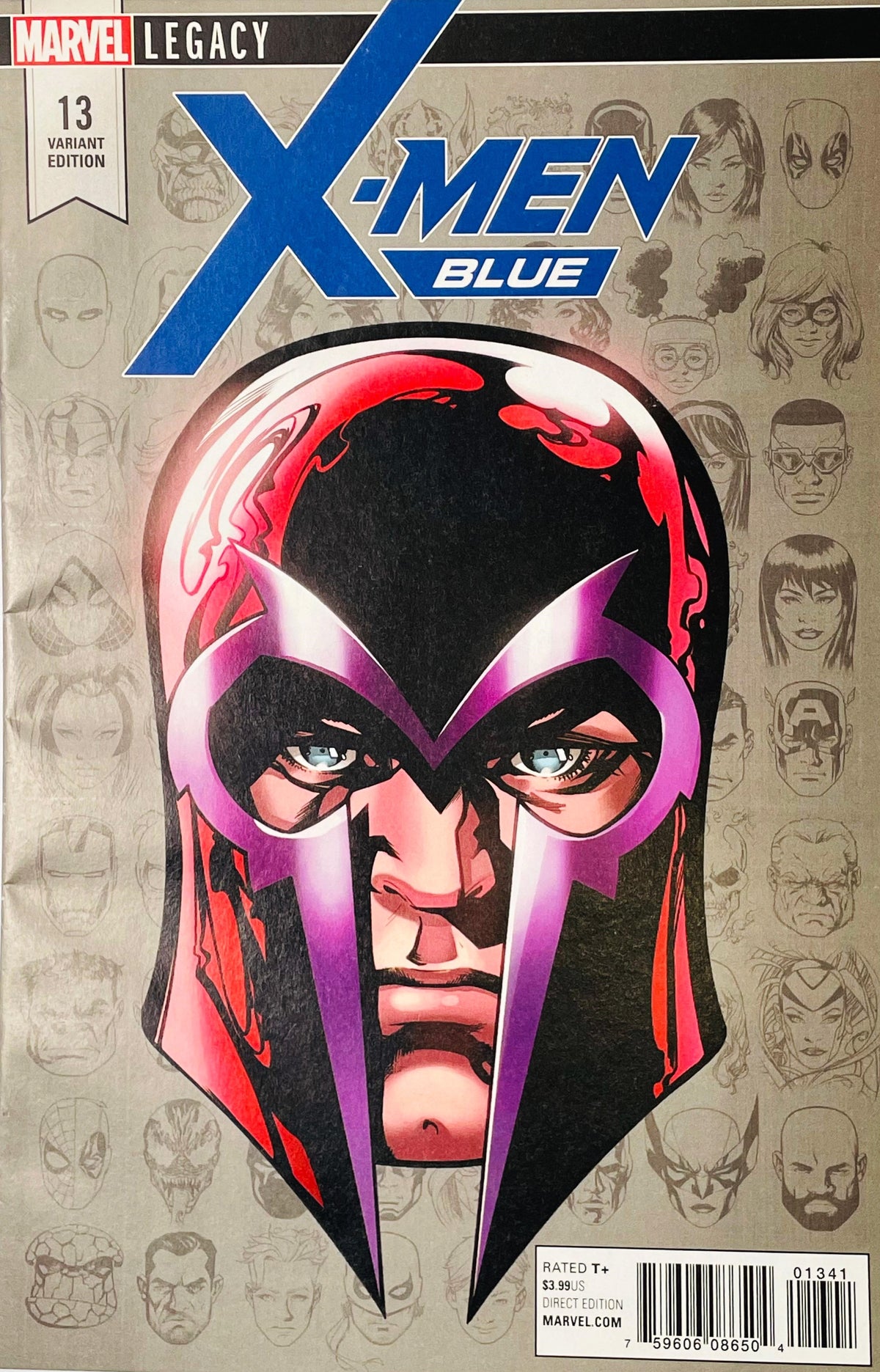 Marvel Legacy X-Men Blue issue 13 variant edition comic book cover featuring a large stylized mask illustration in red, black, and purple on a beige background with sketch drawings.