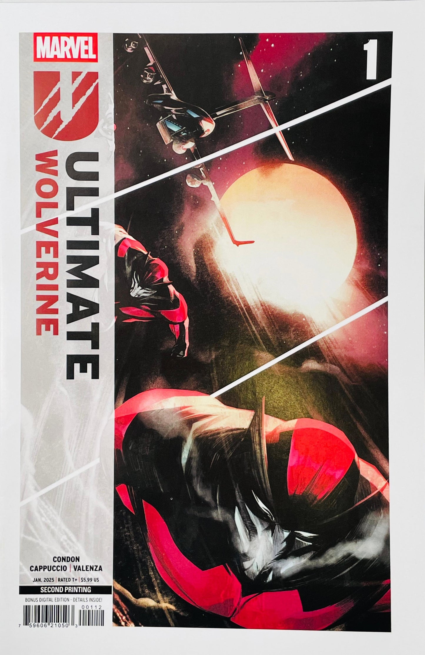 Marvel's Ultimate Wolverine #1 comic book cover featuring a dynamic space-themed illustration with a bright glowing orb, a flying vehicle, and Wolverine in red and black armor.