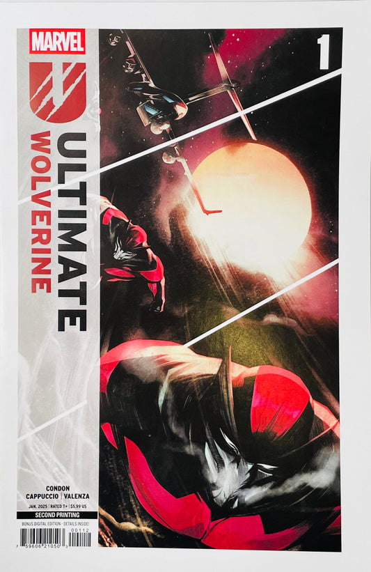 Marvel's Ultimate Wolverine #1 comic book cover featuring a dynamic space-themed illustration with a bright glowing orb, a flying vehicle, and Wolverine in red and black armor.