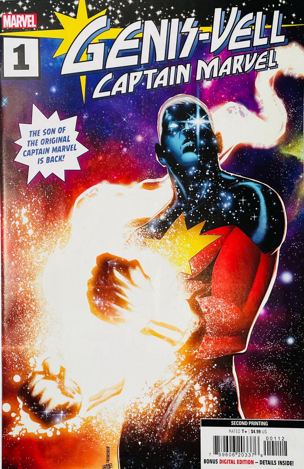Comic book cover for Marvel's Genis-Vell Captain Marvel #1, featuring Captain Marvel in a red and gold suit against a starry space background with a bright explosion effect.