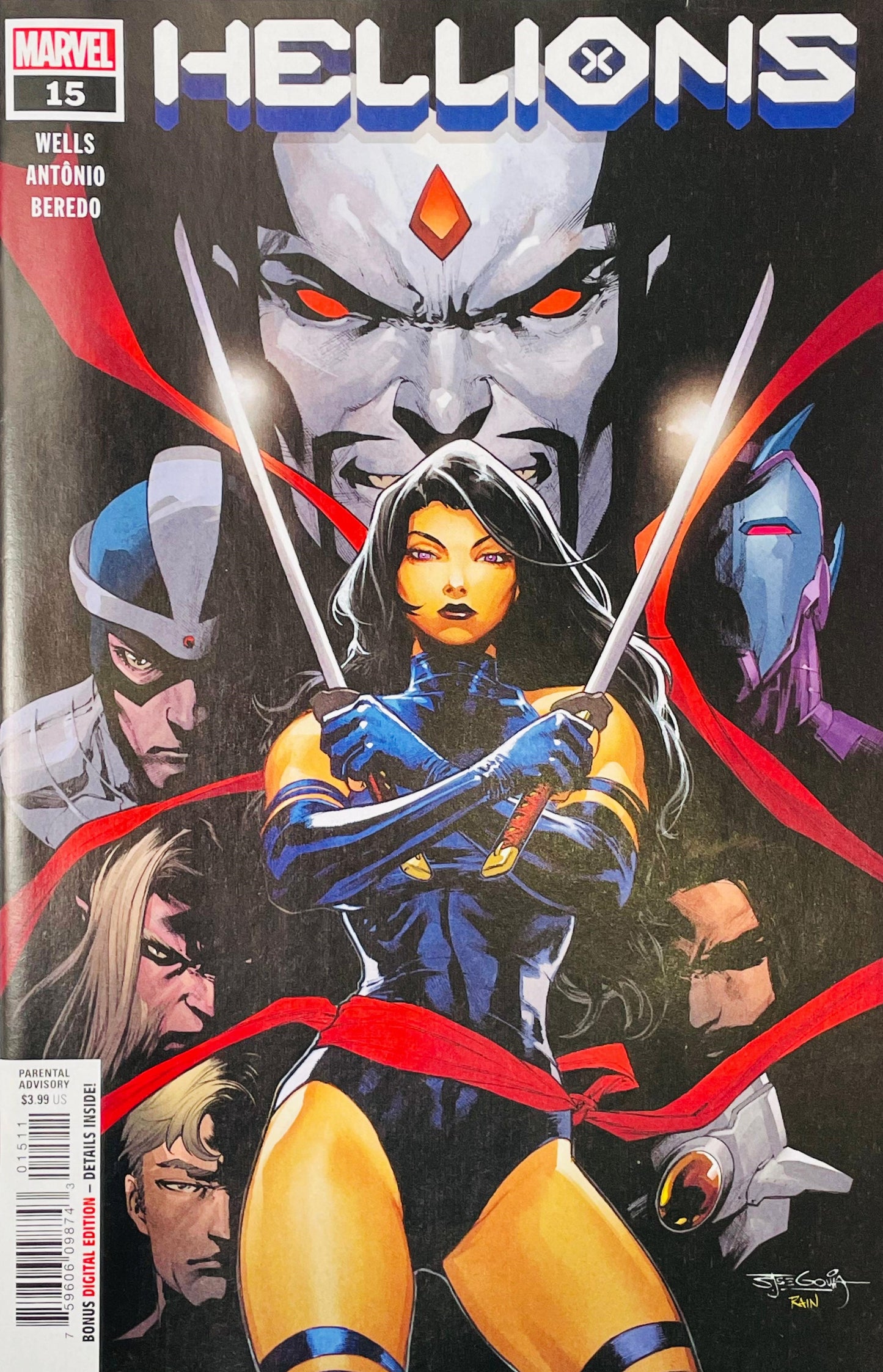 Marvel's Hellions #15 comic book cover featuring a central female warrior with swords, surrounded by multiple illustrated characters against a dark background with the title 'HELLIONS' at the top.