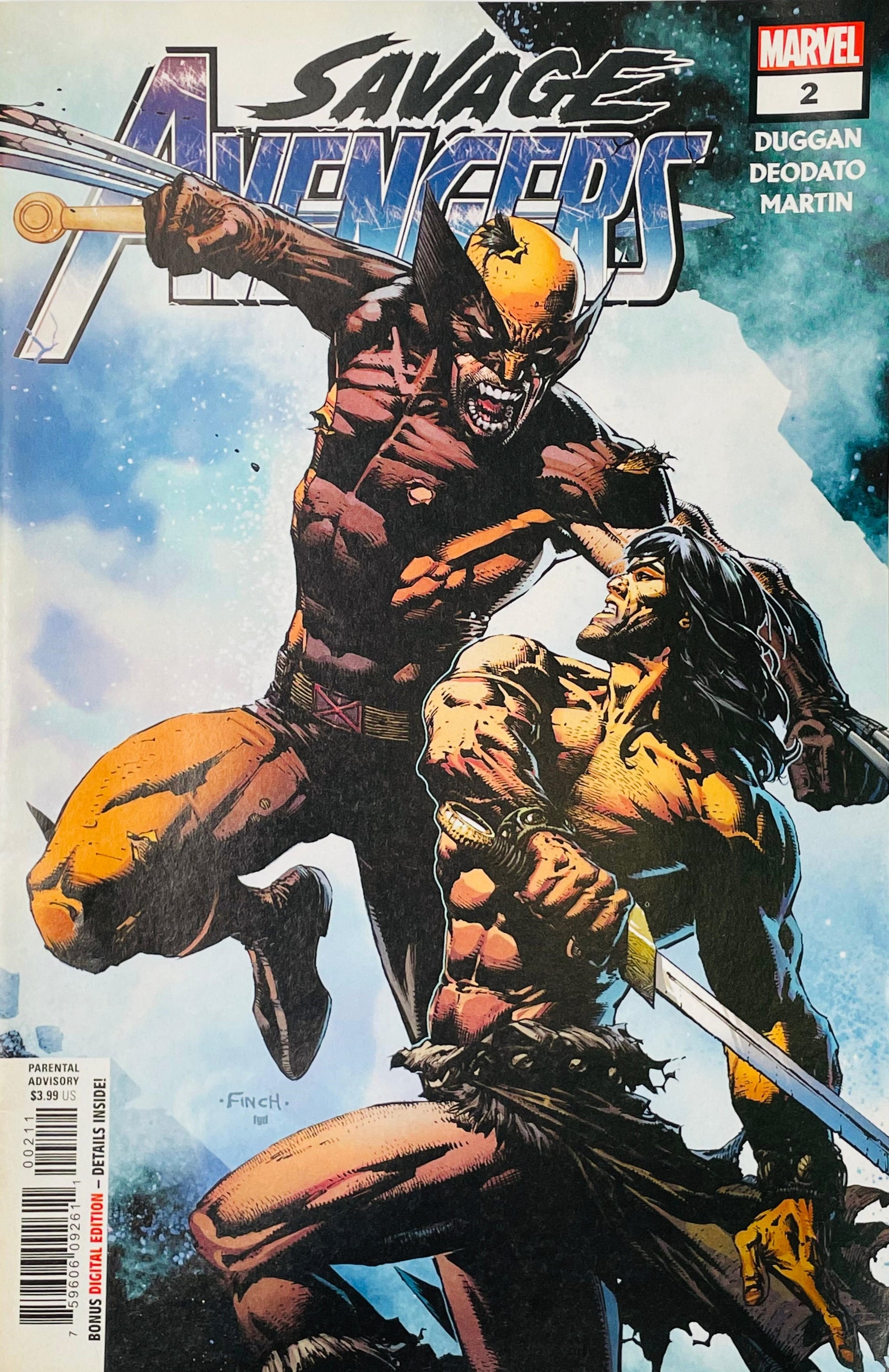 Marvel's Savage Avengers #2 comic book cover featuring Wolverine in a dark red and yellow costume attacking another character against a blue sky background.