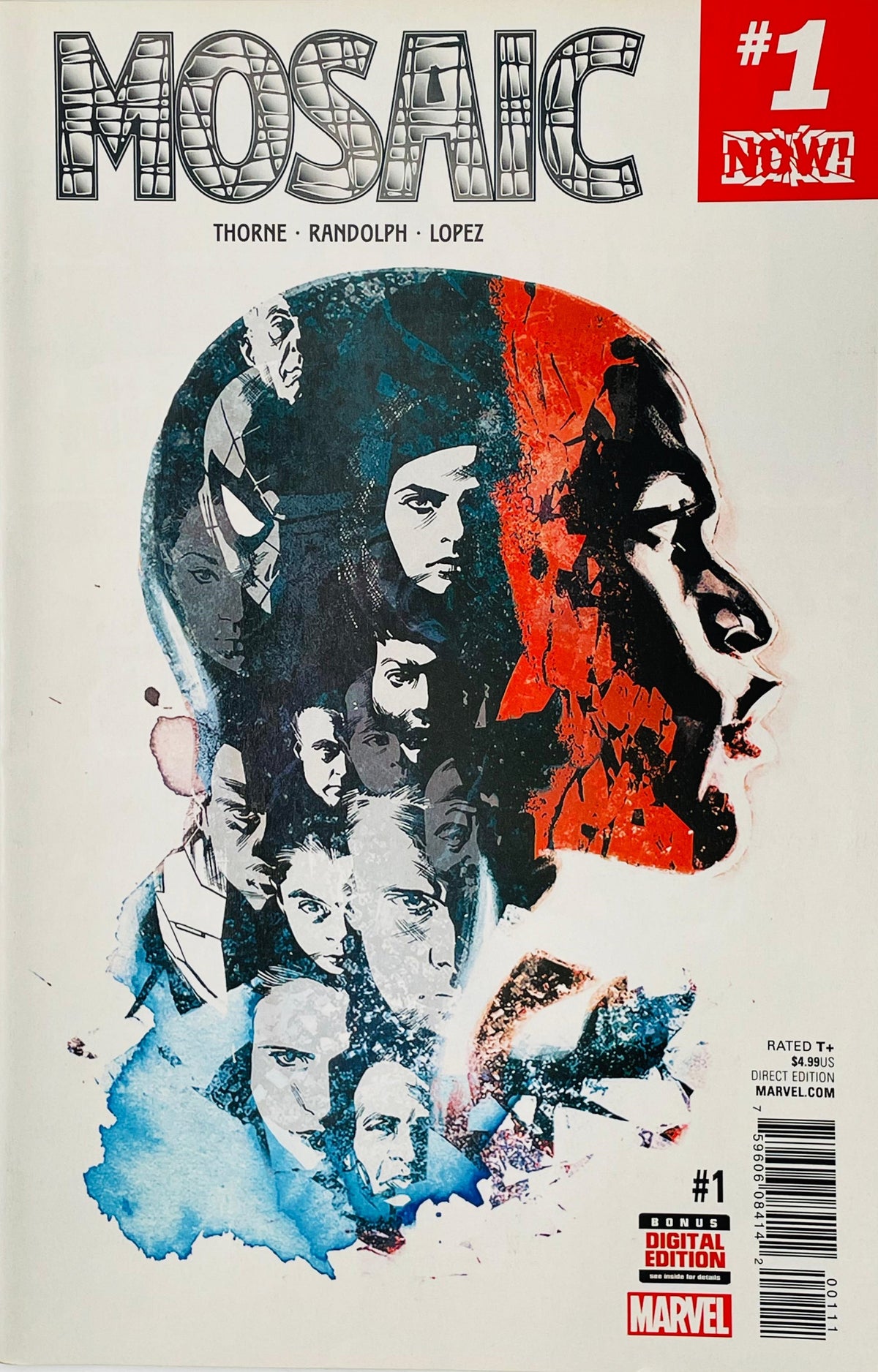 Marvel's Mosaic #1 Now! comic book cover featuring a stylized collage of faces forming a large profile silhouette in black, blue, and red on an off-white background.