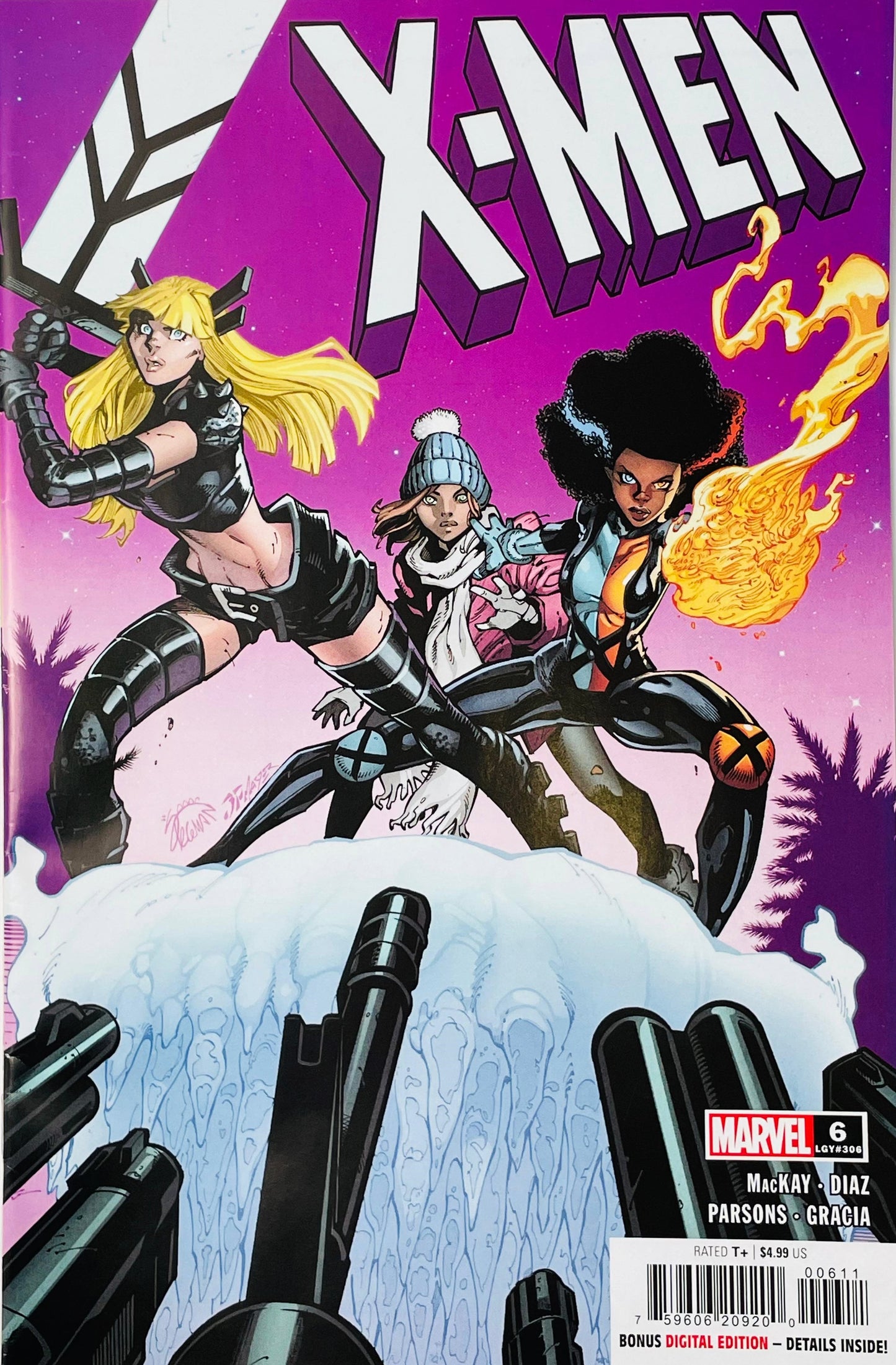 X-Men #6 Ryan Stegman comic book cover featuring Magik leaping forward with her sword, Temper in winter clothing and Piper Cobb generating fiery energy, standing on a snow-covered structure against a vivid purple and pink background beneath the large X-Men logo.
