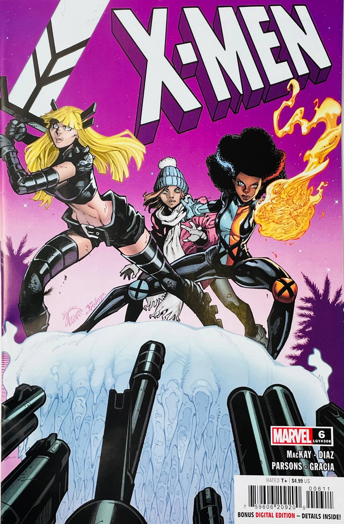 X-Men #6 Ryan Stegman comic book cover featuring Magik leaping forward with her sword, Temper in winter clothing and Piper Cobb generating fiery energy, standing on a snow-covered structure against a vivid purple and pink background beneath the large X-Men logo.