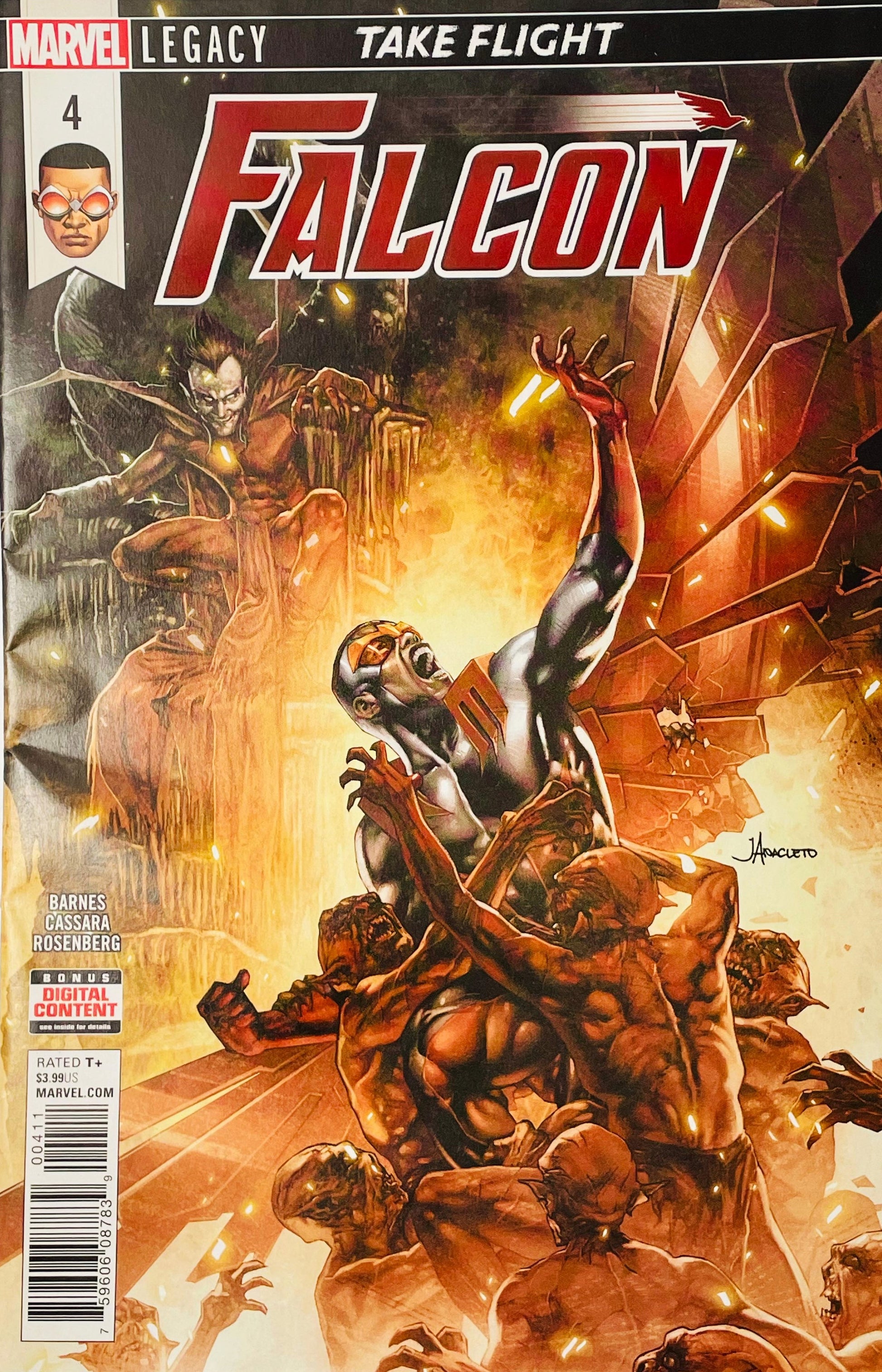 Falcon #4 Jay Anacleto comic book cover featuring Sam Wilson as Falcon reaching upward while surrounded by monstrous demonic figures in Hell, with fiery orange and yellow light, smoke, fractured structures and dramatic supernatural energy beneath the large red Falcon logo.