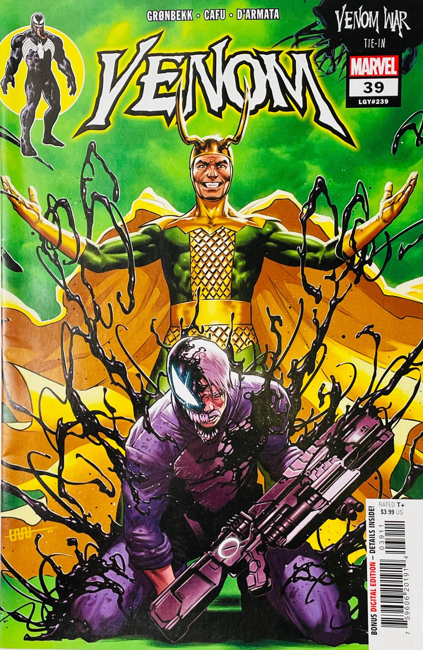 Venom #39 Cafu comic book cover featuring Old Man Venom crouching in the foreground with a large futuristic weapon and black symbiote tendrils surrounding him, while a smiling horned Loki in green and gold stands behind him with arms outstretched against a vivid green, yellow, orange and purple background beneath the large Venom logo.