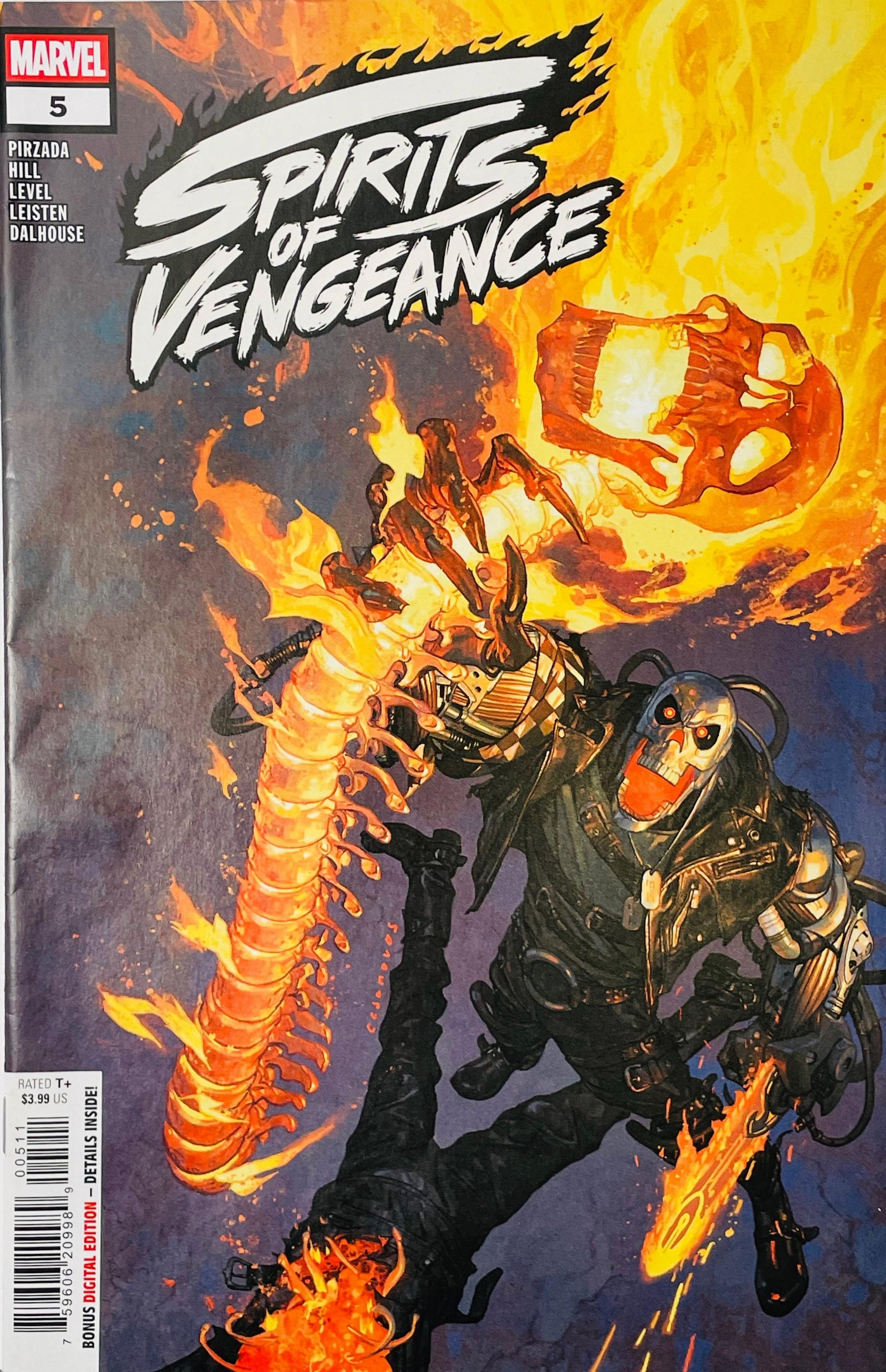Spirits of Vengeance #5 Josemaria Casanovas comic book cover featuring Ghost Rider 2099 as a futuristic skeletal warrior in dark armor surrounded by blazing orange flames, with a giant flaming skeletal figure and supernatural imagery behind him against a dramatic purple, orange and yellow background.