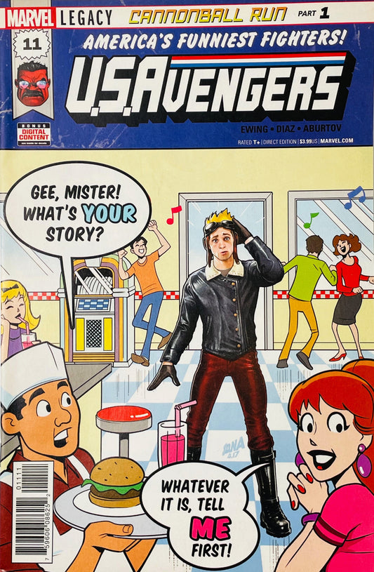 U.S.Avengers #11 David Nakayama comic book cover featuring a realistic young man in a black leather jacket, red pants, goggles and tall black boots standing inside a colorful retro diner surrounded by cartoon-style patrons, jukeboxes, burgers, milkshakes and dancing figures, with speech balloons and musical notes beneath the large U.S.Avengers logo, Marvel Legacy branding and Cannonball Run Part 1 headline.