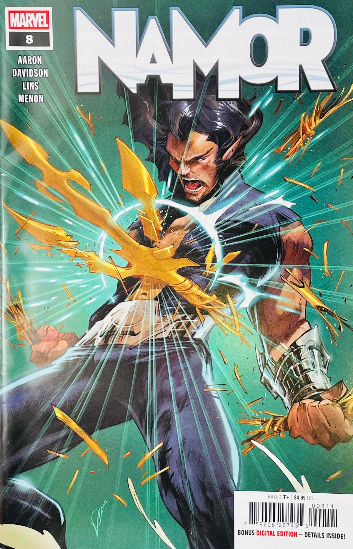 Namor #8 Alexander Lozano comic book cover featuring Namor the Sub-Mariner in dark Atlantean armor and a horned headpiece as he is struck by a golden weapon, with bright turquoise and white energy exploding around him against a vivid teal background.