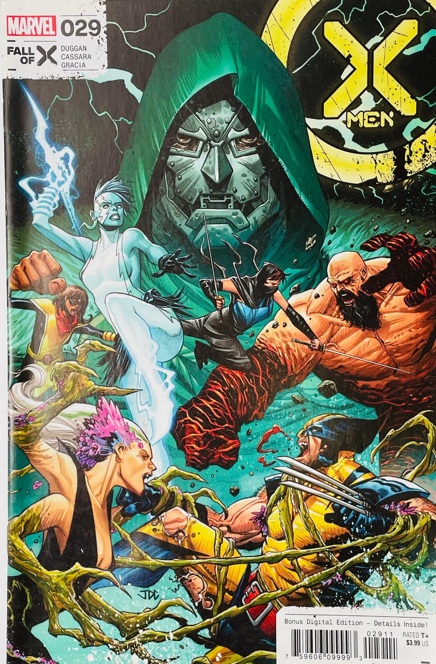X-Men #29 Joshua Cassara comic book cover featuring Doctor Doom towering behind his team of Latverian mutants as Volta unleashes electricity, Ironcloak and Slag battle in the center, and Wolverine fights through tangled vegetation below amid vivid green, turquoise, yellow and orange energy.