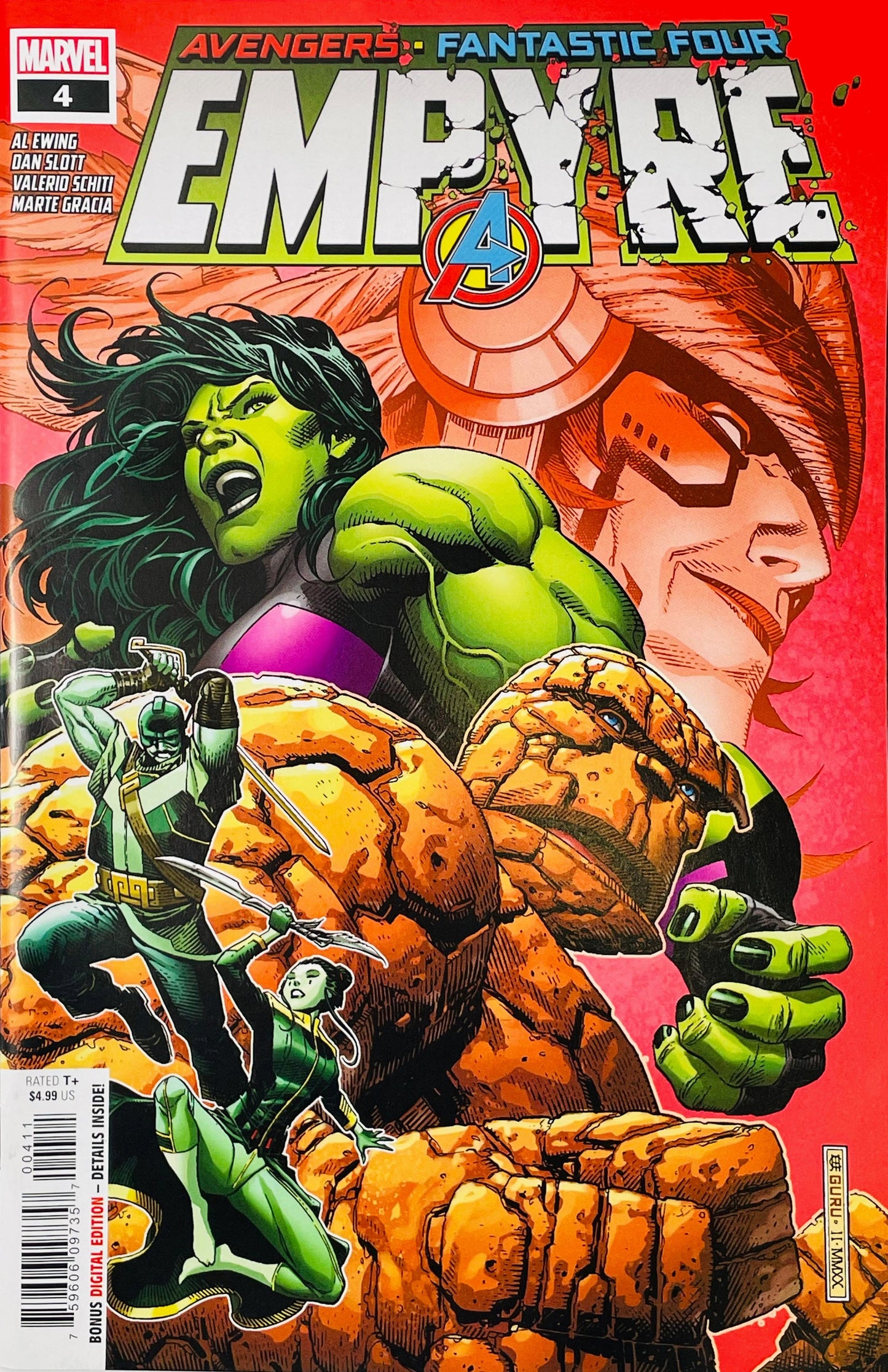 Empyre #4 Jim Cheung comic book cover featuring She-Hulk, the Thing, Mantis and Swordsman in a chaotic battle scene, with large orange and pink Avengers imagery in the background, cracked stone, explosive energy and the distressed Empyre logo above.