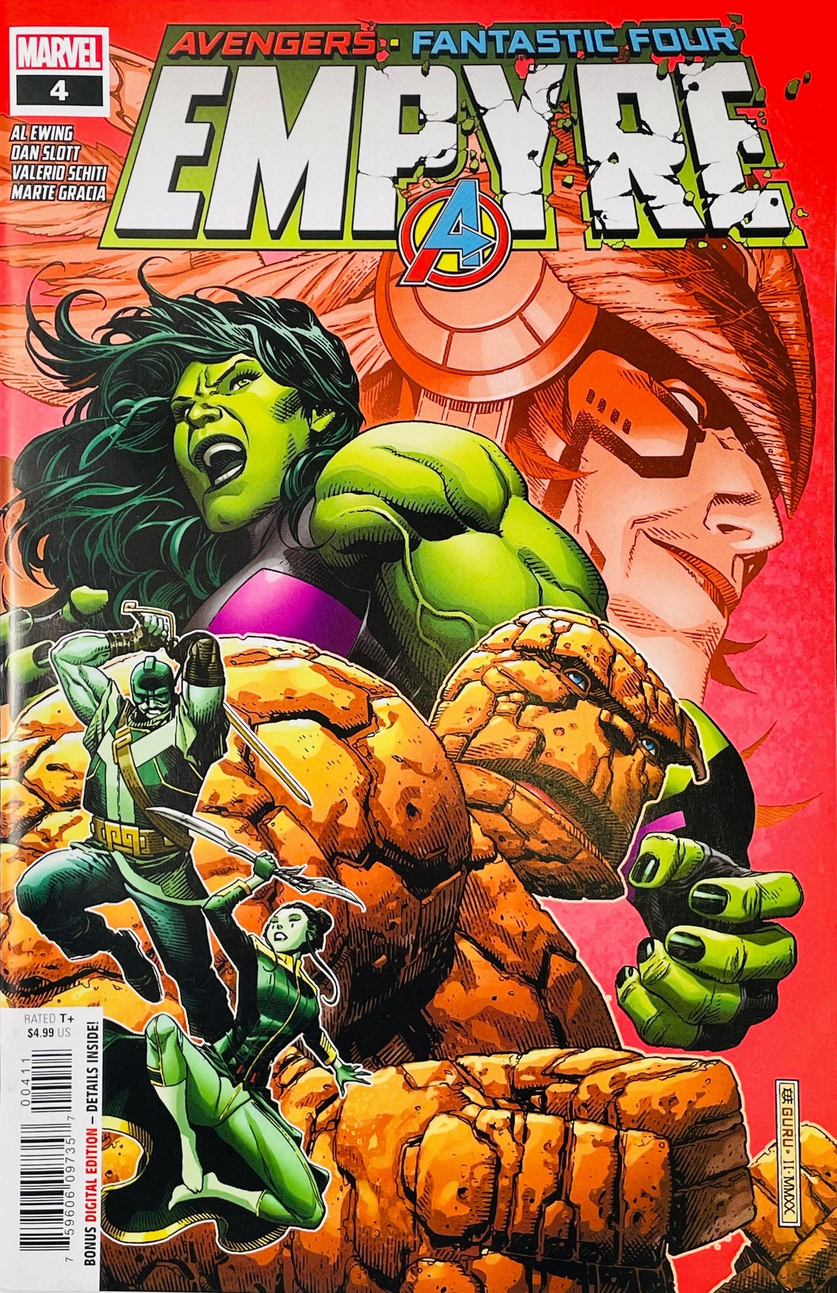 Empyre #4 Jim Cheung comic book cover featuring She-Hulk, the Thing, Mantis and Swordsman in a chaotic battle scene, with large orange and pink Avengers imagery in the background, cracked stone, explosive energy and the distressed Empyre logo above.