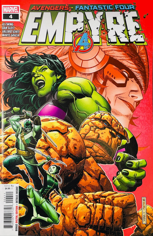 Empyre #4 Jim Cheung comic book cover featuring She-Hulk, the Thing, Mantis and Swordsman in a chaotic battle scene, with large orange and pink Avengers imagery in the background, cracked stone, explosive energy and the distressed Empyre logo above.