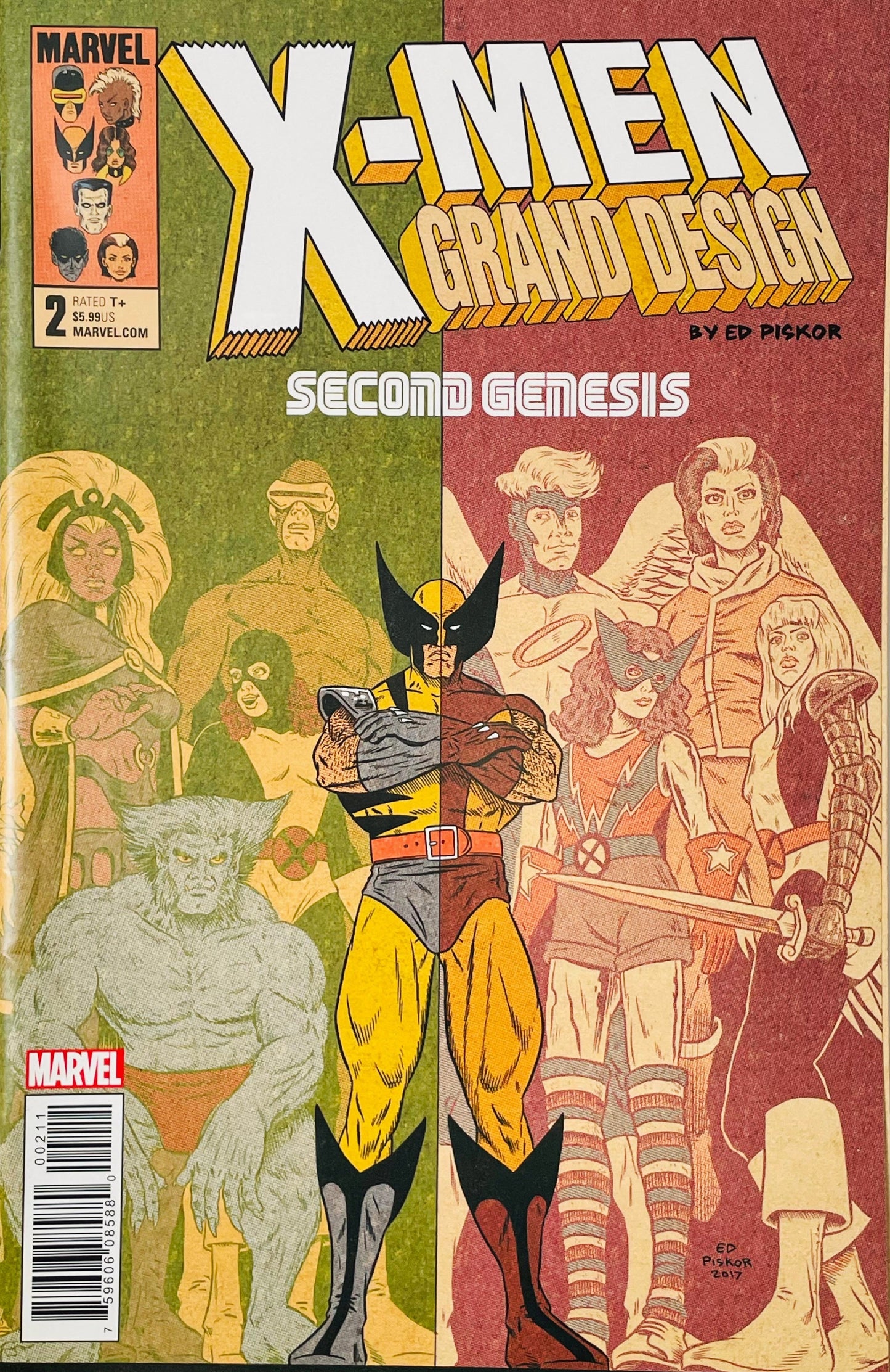 X-Men Grand Design Second Genesis #2 Ed Piskor comic book cover featuring Wolverine standing at the center of a split green and red composition, surrounded by multiple generations of X-Men characters, with contrasting vintage-style artwork on both sides, beneath the large X-Men Grand Design logo and Second Genesis title.