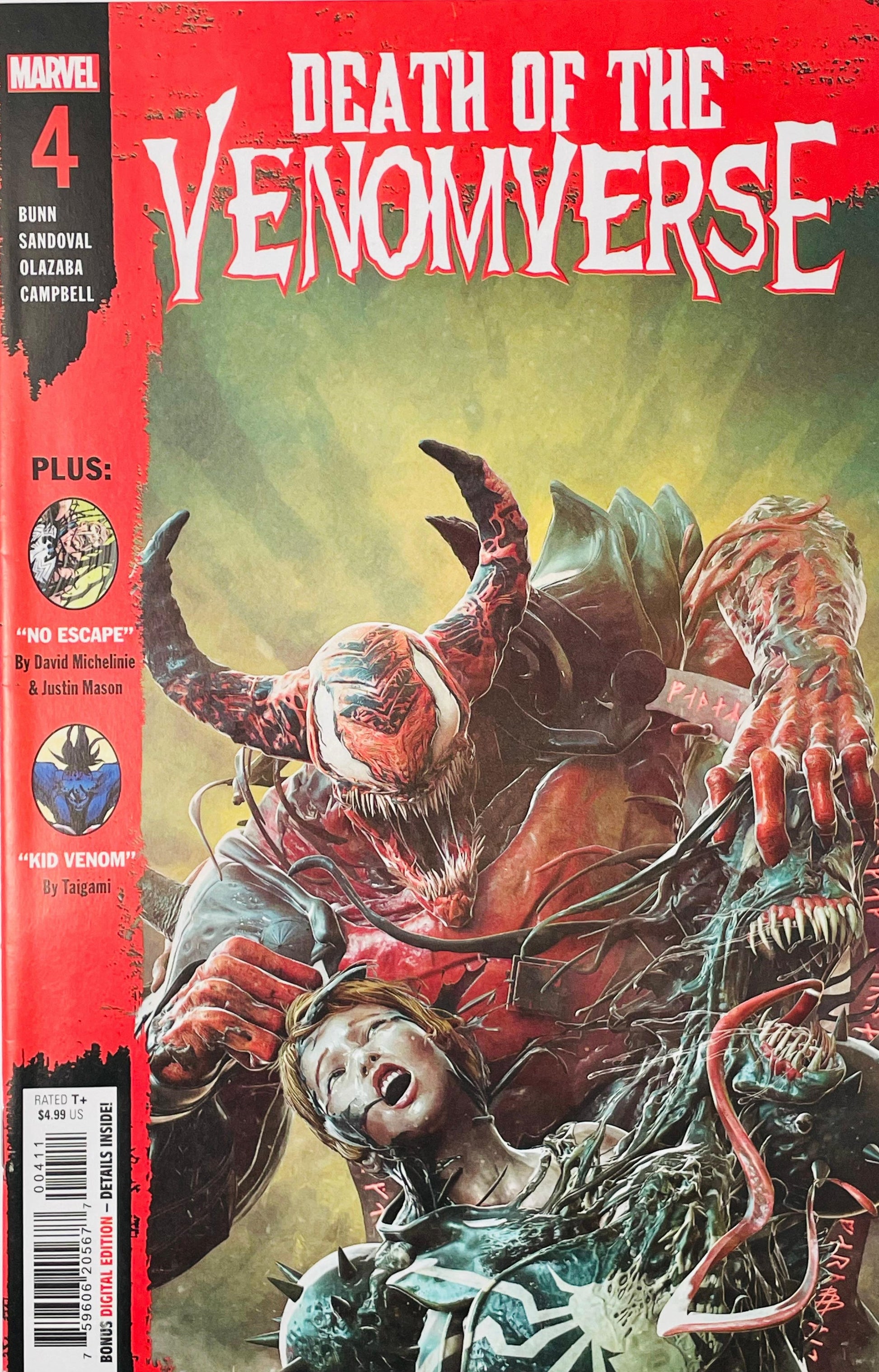 Death of the Venomverse #4 Björn Barends comic book cover featuring a massive monstrous Venomized figure surrounded by grotesque symbiote creatures, sharp teeth and twisting black tendrils, with a distressed human face in the center against a glowing yellow-green background and a red border.