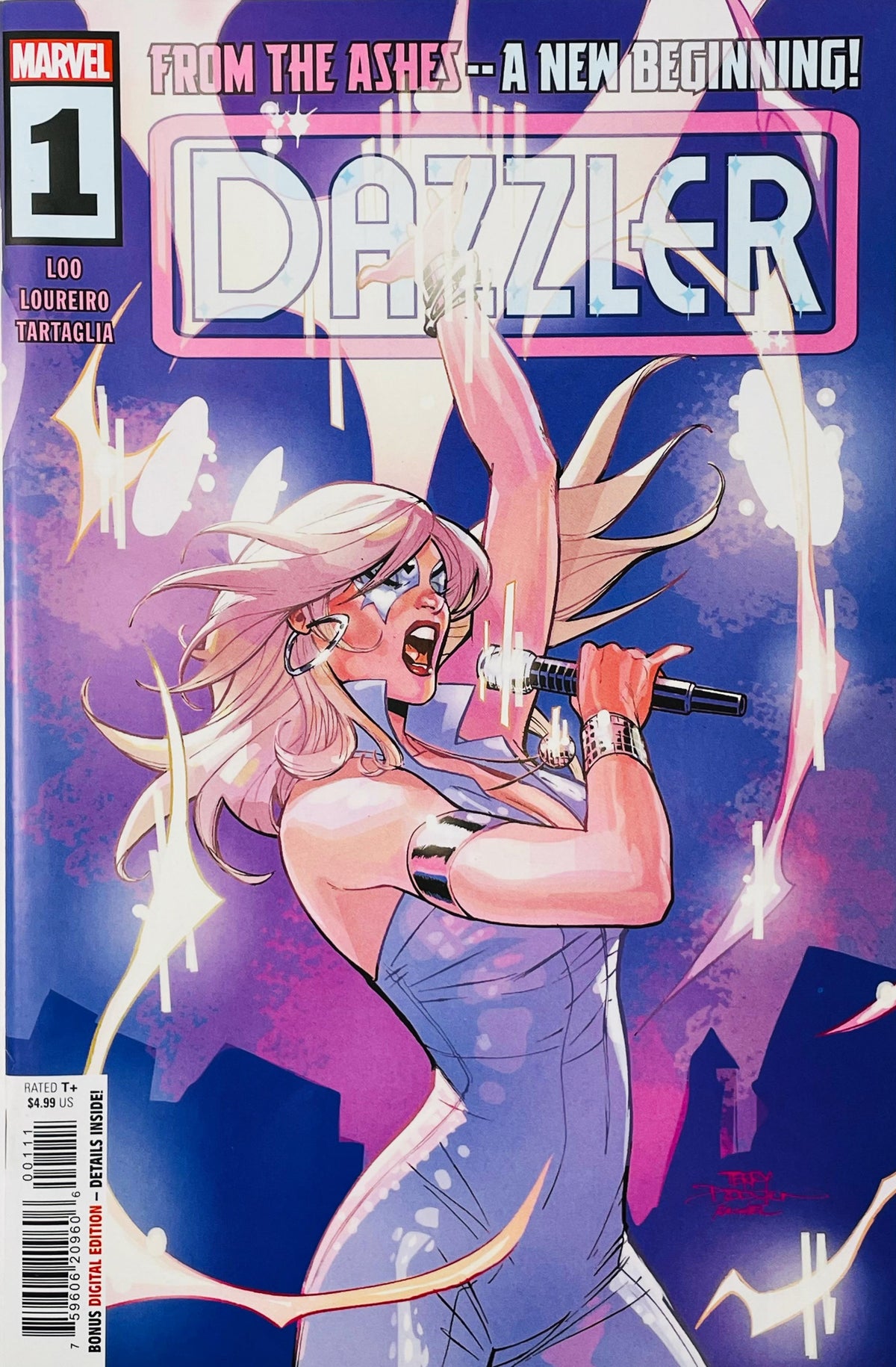 Dazzler #1 Terry and Rachel Dodson comic book cover featuring Alison Blaire as Dazzler singing into a microphone with one arm raised, her long pale-pink hair flowing behind her, surrounded by sparkling white and golden light against a vivid blue, purple and pink background with a city skyline and large Dazzler logo.