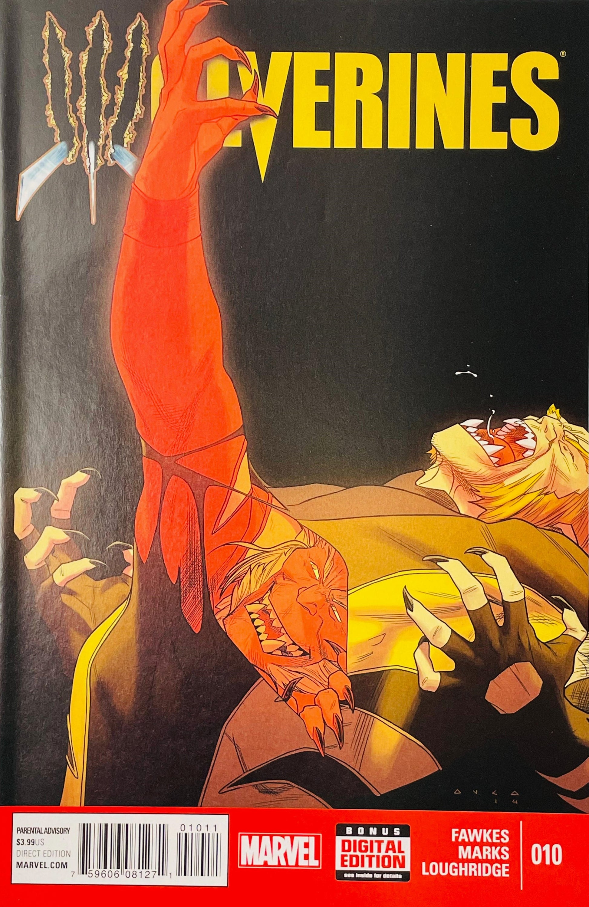 Wolverines #10 Kris Anka comic book cover featuring a dramatic orange-red clawed figure reaching upward while two feral blond characters struggle below amid sharp claws and teeth, set against a stark black background beneath the large yellow Wolverines logo.