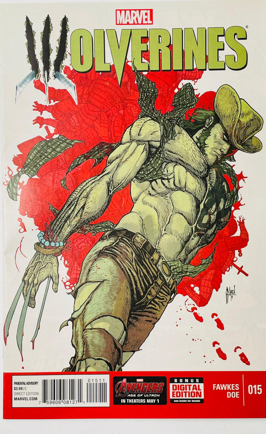 Wolverines #15 Guillem March comic book cover featuring Daken in a dramatic samurai-inspired outfit with a large hat and flowing scarf, lunging forward with his claws extended, against a white background with a large red Wolverine silhouette and oversized green Wolverines logo.