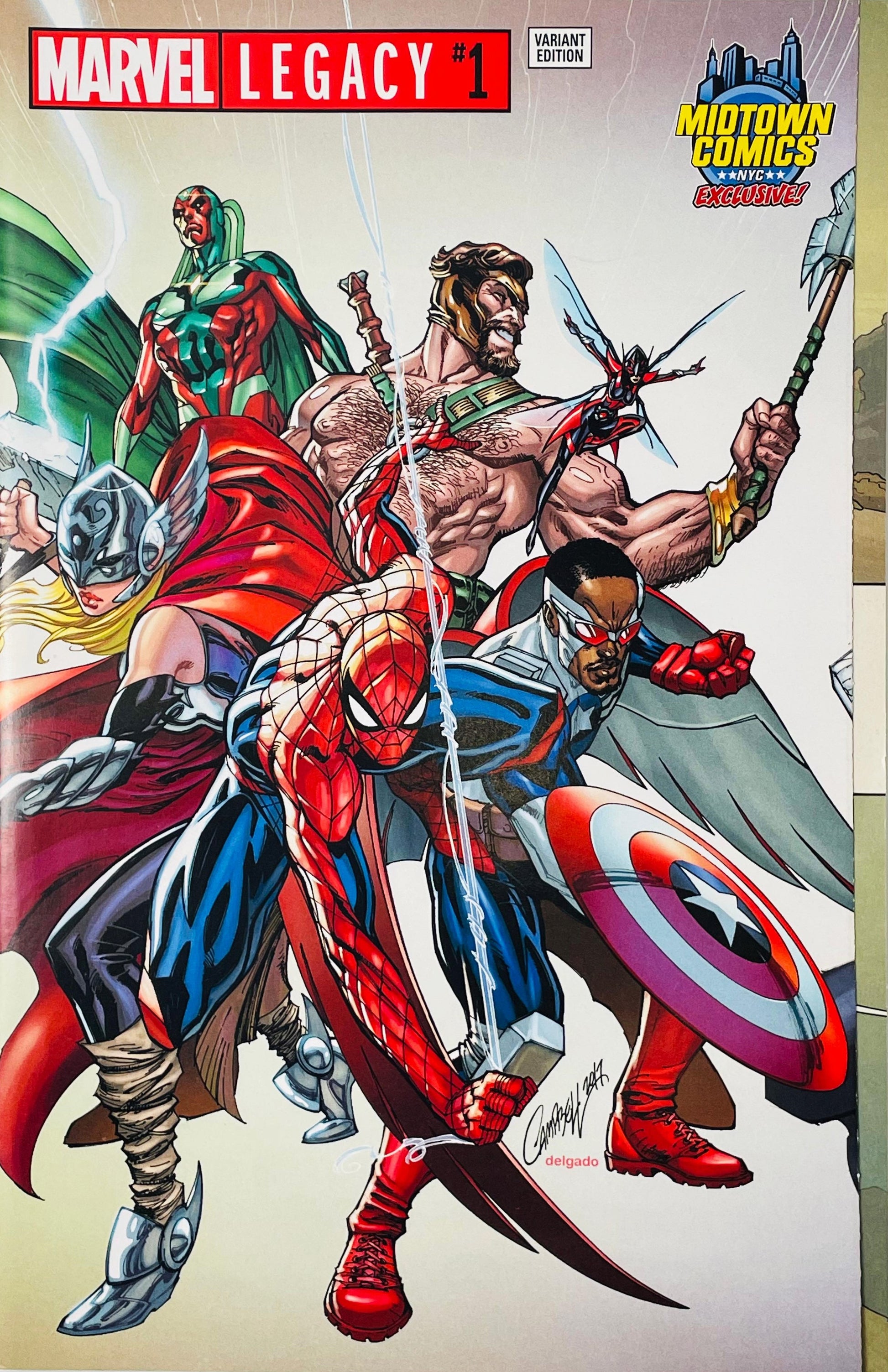 Marvel Legacy #1 J. Scott Campbell Midtown Comics Exclusive variant featuring Spider-Man, Wolverine, Thor, Vision and Captain America.