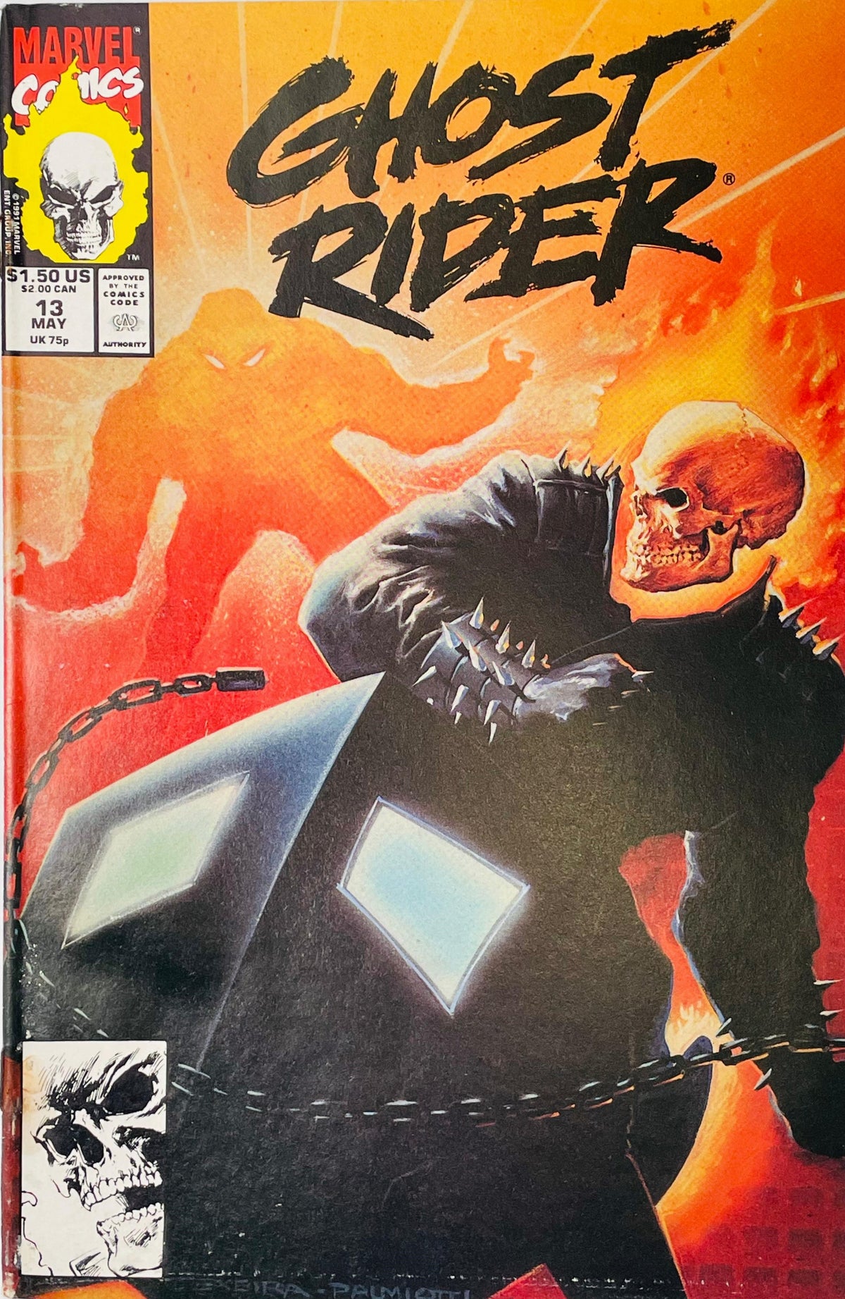 Ghost Rider #13 Mark Texeira and Jimmy Palmiotti comic book cover featuring Danny Ketch as Ghost Rider in black spiked armor with a flaming skull, wrapped in chains against a fiery orange and red background with a shadowy Ghost Rider silhouette behind him and the large GHOST RIDER logo above.
