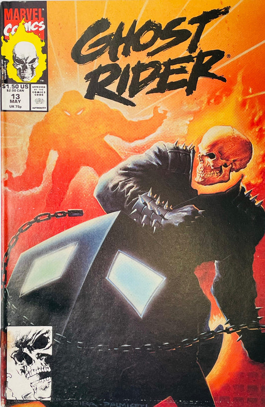Ghost Rider #13 Mark Texeira and Jimmy Palmiotti comic book cover featuring Danny Ketch as Ghost Rider in black spiked armor with a flaming skull, wrapped in chains against a fiery orange and red background with a shadowy Ghost Rider silhouette behind him and the large GHOST RIDER logo above.