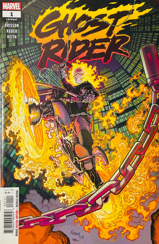 Ghost Rider #1 LGY #237 Aaron Kuder comic book cover featuring Ghost Rider riding a flaming motorcycle through a city, his flaming skull and black leather outfit surrounded by blazing yellow and orange fire, swinging a chain overhead with a massive chain crossing the foreground beneath the large GHOST RIDER logo.