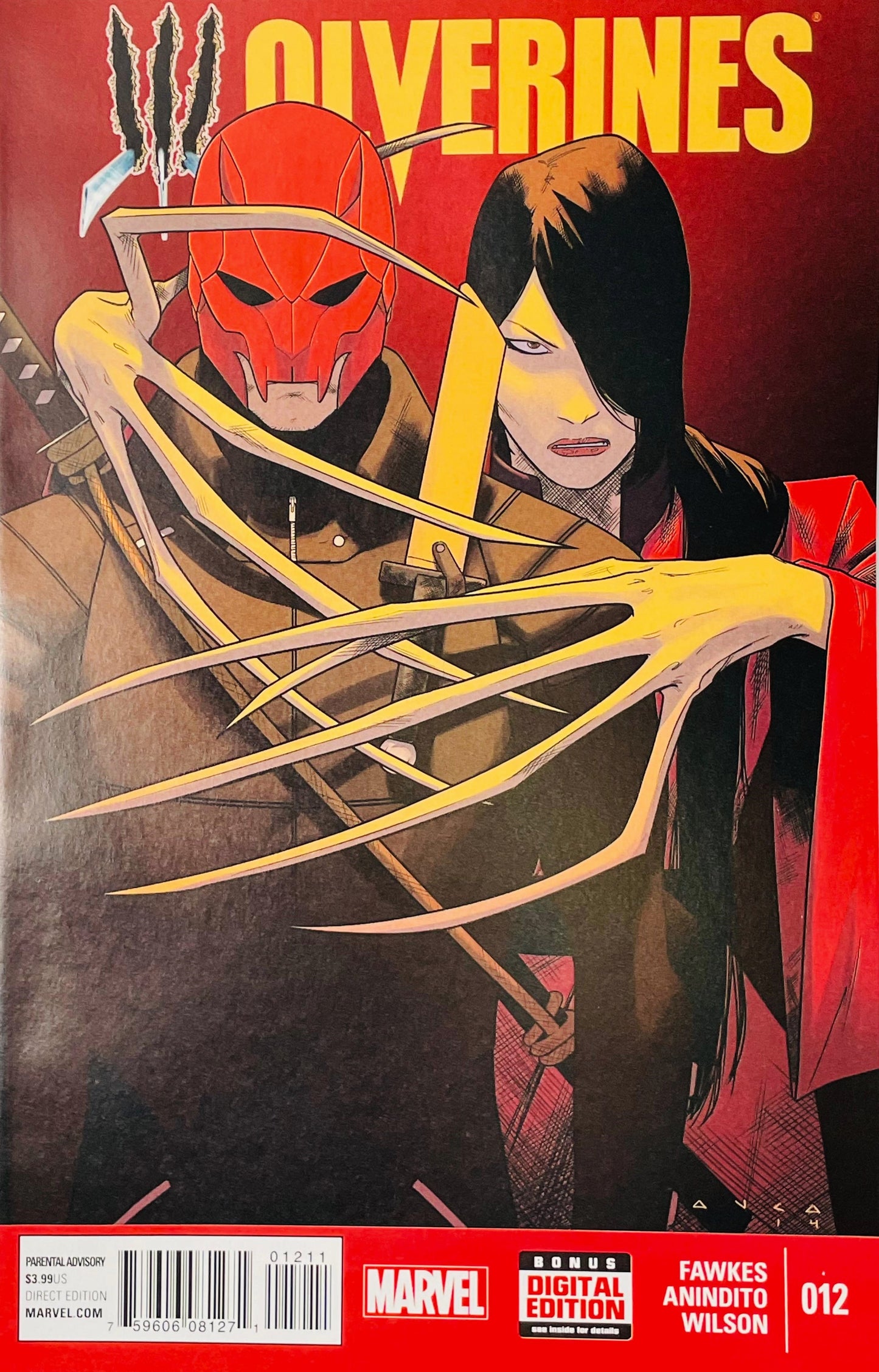 Wolverines #12 Kris Anka comic book cover featuring a masked armored character and a dark-haired woman in red clothing surrounded by enormous elongated claws, with the large yellow WOLVERINES logo above and a dramatic red and black background.