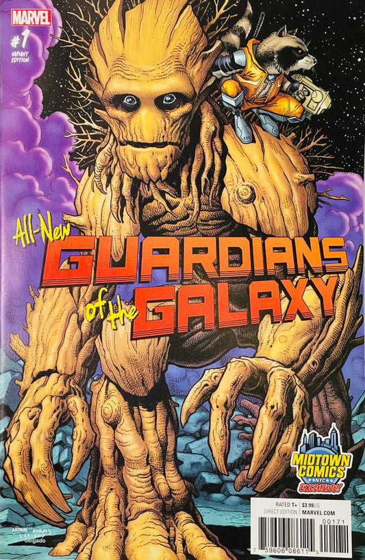 All-New Guardians of the Galaxy #1 Arthur Adams Midtown Comics Exclusive variant comic book cover featuring a giant Groot with expressive eyes, massive wooden limbs and claw-like roots, with Rocket Raccoon in orange space armor riding on Groot's shoulder while holding a futuristic weapon, surrounded by purple cosmic clouds and a star-filled sky beneath the large Guardians of the Galaxy logo.