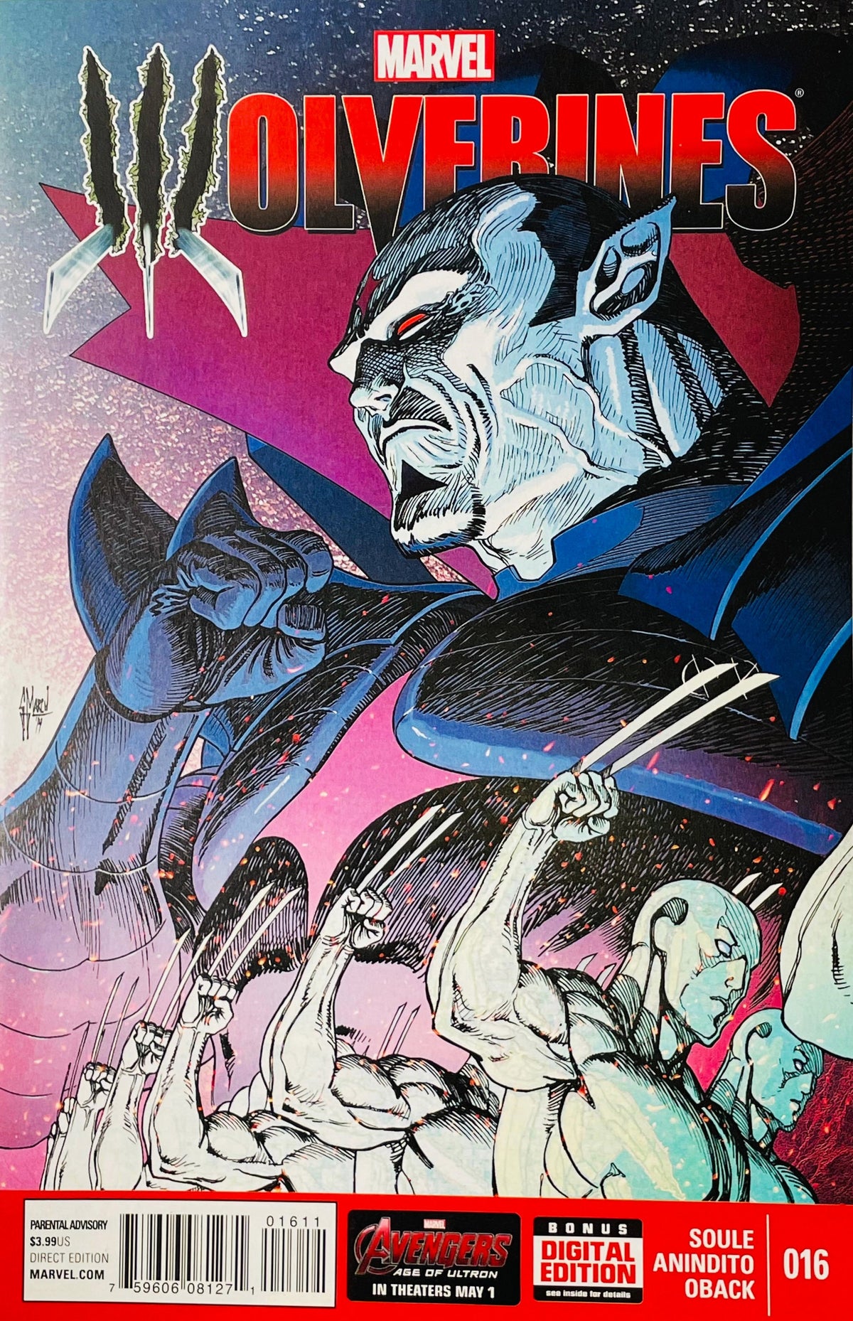Wolverines #16 Guillem March comic book cover featuring a large blue-and-white feral humanoid figure with pointed ears and a glowing red eye towering over several pale figures raising long Wolverine-style claws, against a dramatic red, magenta and blue background beneath the large WOLVERINES logo.