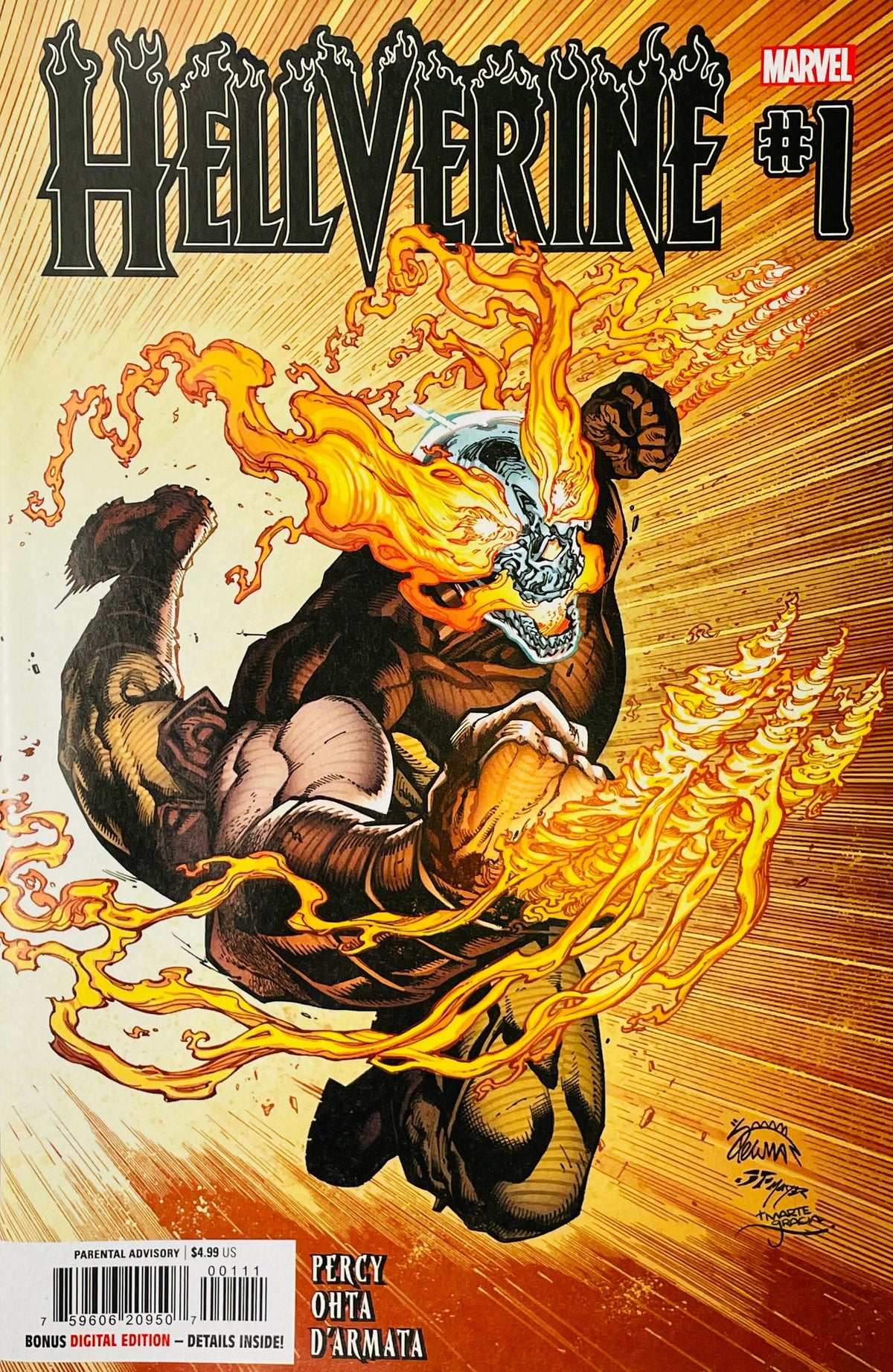 Hellverine #1 Ryan Stegman comic book cover featuring Hellverine with a flaming skeletal face and blazing orange-yellow hair, raising his fist while battling a large monstrous figure amid sweeping trails of hellfire and explosive motion lines beneath the large HELLVERINE logo.