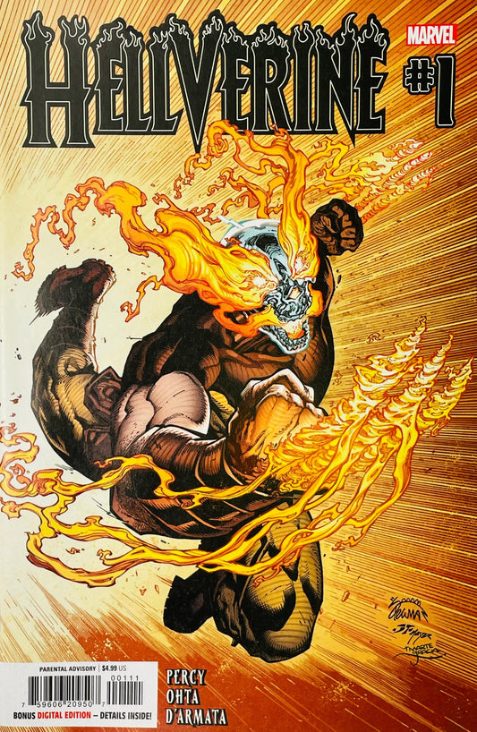 Hellverine #1 Ryan Stegman comic book cover featuring Hellverine with a flaming skeletal face and blazing orange-yellow hair, raising his fist while battling a large monstrous figure amid sweeping trails of hellfire and explosive motion lines beneath the large HELLVERINE logo.