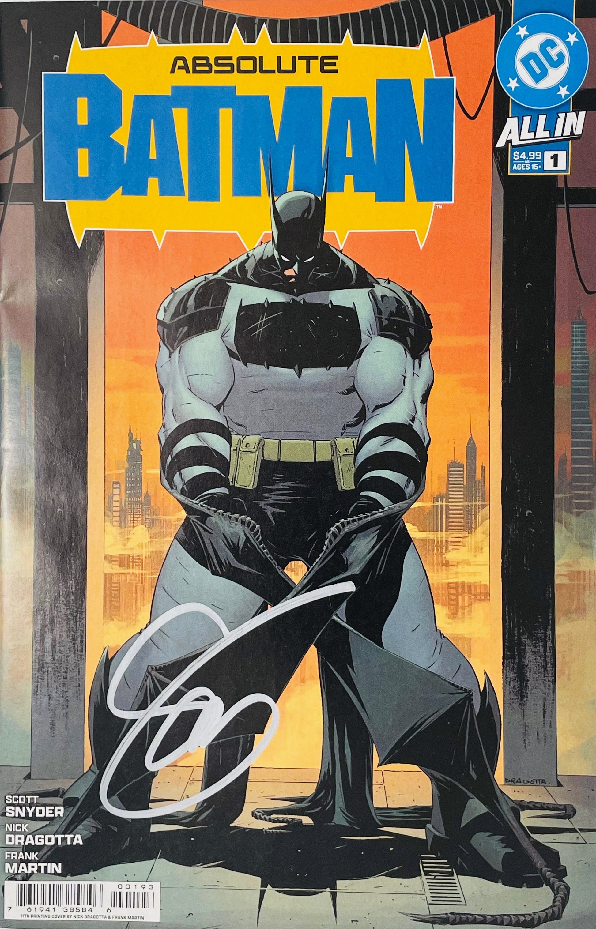 Absolute Batman #1 11th printing Nick Dragotta logo color variant comic book cover featuring the massively muscular Absolute Universe Batman standing in front of a glowing orange Gotham City skyline, wearing a black and gray batsuit with a large bat emblem, utility belt, pointed cowl and long flowing cape, beneath the large blue Absolute Batman logo and DC All In branding.