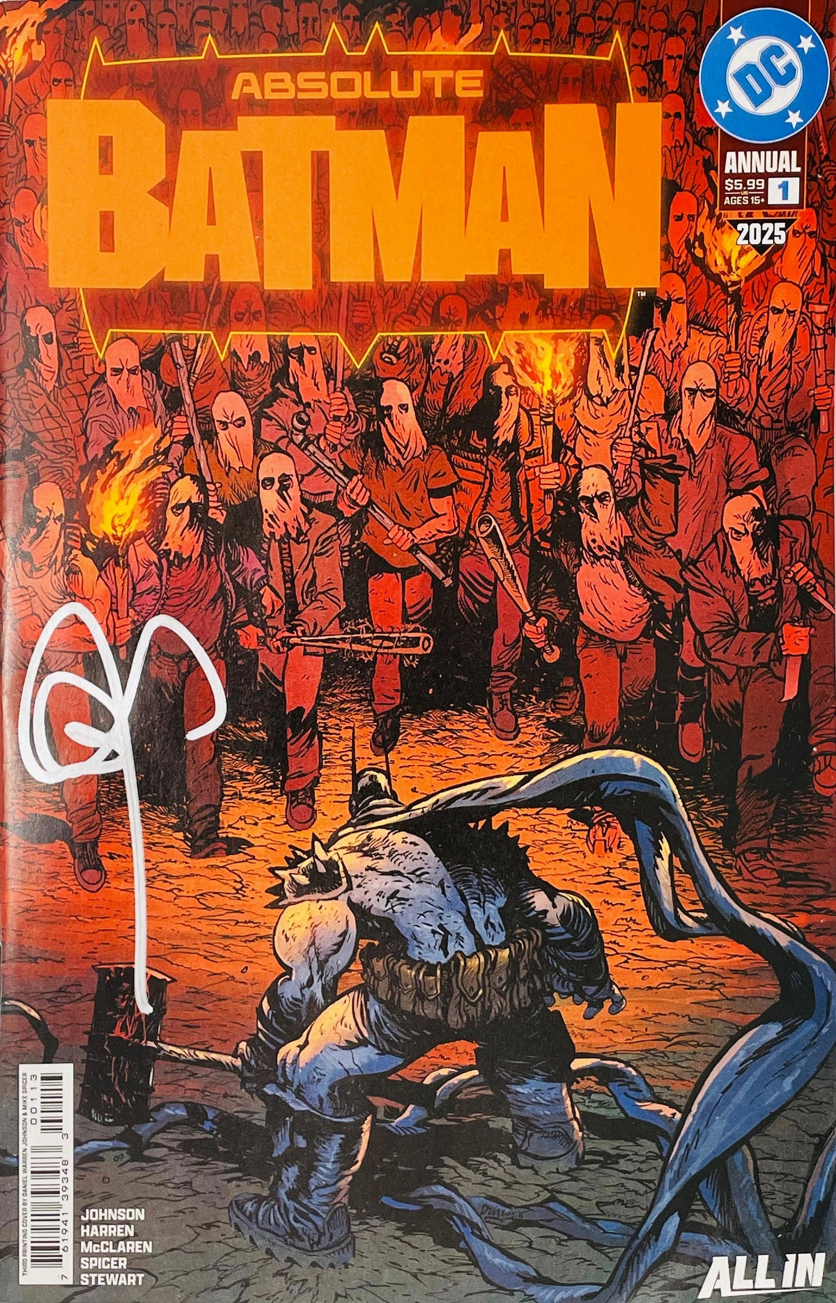 Absolute Batman Annual 2025 #1 James Harren Variant — Signed DC Comics book cover featuring the massively muscular Absolute Batman crouching in the foreground with his black and gray batsuit, oversized bat emblem, utility belt and flowing cape, surrounded by a large crowd of masked torch-bearing figures carrying weapons against a dramatic orange-red background beneath the large Absolute Batman logo and DC All In branding.