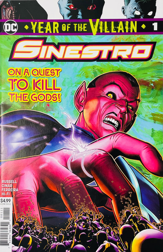 Sinestro Year of the Villain #1 Brandon Peterson comic book cover featuring the red-skinned Sinestro grimacing as bright energy strikes his chest, surrounded by a large crowd of masked and hooded figures, with vivid pink, red, orange, purple, green and blue psychedelic artwork beneath the large Sinestro logo and Year of the Villain banner.