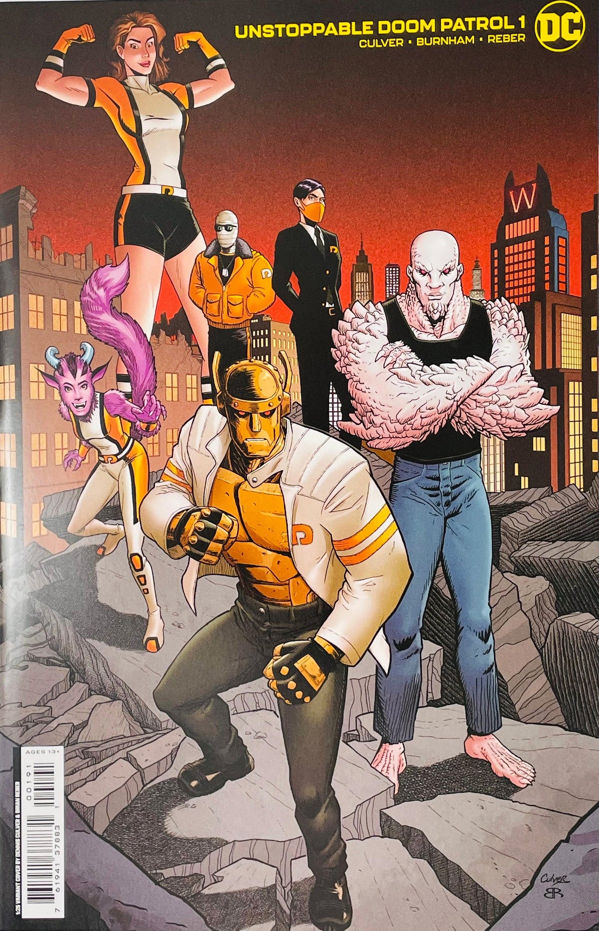 Front cover of the comic book 'Unstoppable Doom Patrol #1' published by DC Comics. The cover art features a group of DC's Doom Patrol characters in a dramatic city scene with a red-orange sky and rocky ground.