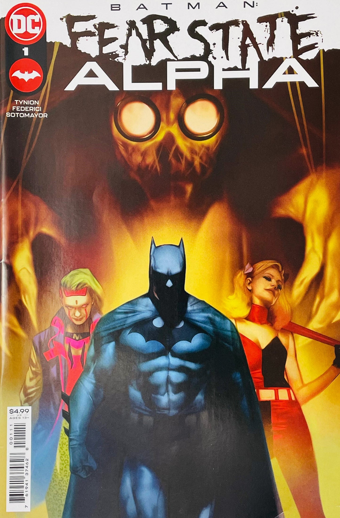 Batman Fear State Alpha #1 Ben Oliver comic book cover featuring Batman standing in the foreground with a glowing yellow-orange Scarecrow looming behind him, while a colorful Joker-like figure and a red-haired woman stand on either side, surrounded by fiery light against a dark horror-themed background beneath the large Batman Fear State Alpha logo.