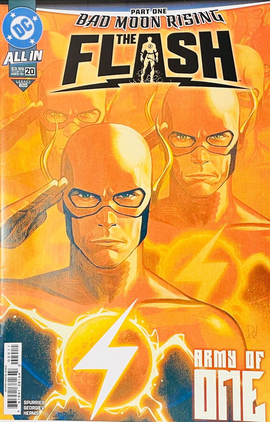The Flash #20 Mike Del Mundo comic book cover featuring Wally West as the Flash shown in multiple overlapping portraits against a vivid orange and yellow background, with a large glowing white lightning bolt and crackling energy in the foreground, beneath the Bad Moon Rising Part One title and large Flash logo with DC All In branding.