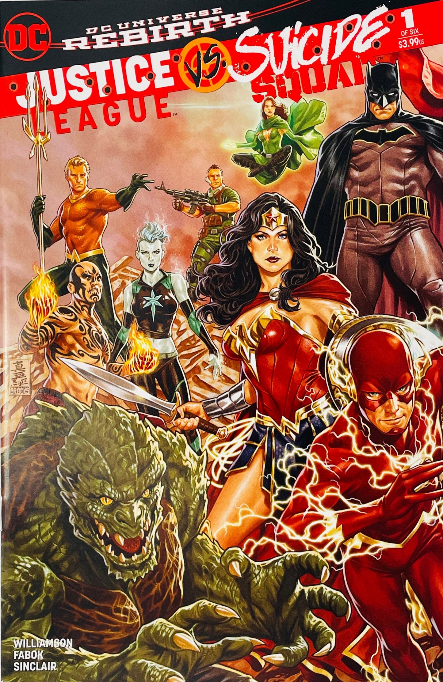 Justice League vs Suicide Squad #1 Jason Fabok comic book cover featuring Batman, Wonder Woman, The Flash, Aquaman, Deadshot, Killer Frost and Killer Croc in a dramatic ensemble scene, with Wonder Woman and The Flash in the foreground, Batman standing behind them and a monstrous Killer Croc reaching toward the viewer against a fiery orange and red background beneath the DC Rebirth and Justice League vs Suicide Squad logos.