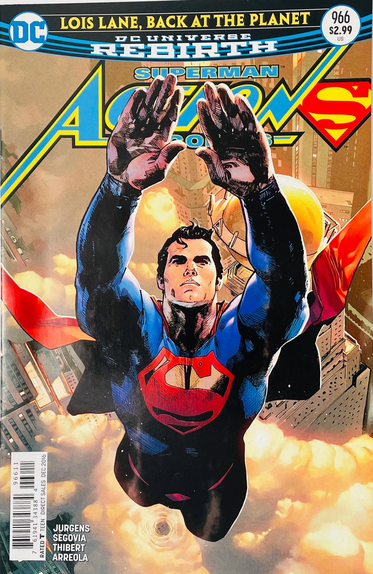 Action Comics #966 Gary Frank and Brad Anderson variant comic book cover featuring Superman flying upward with both arms raised, his red cape flowing behind him, while Superwoman appears behind him in a white and red costume above a city skyline surrounded by glowing clouds and golden light, beneath the large Action Comics logo and DC Universe Rebirth branding.