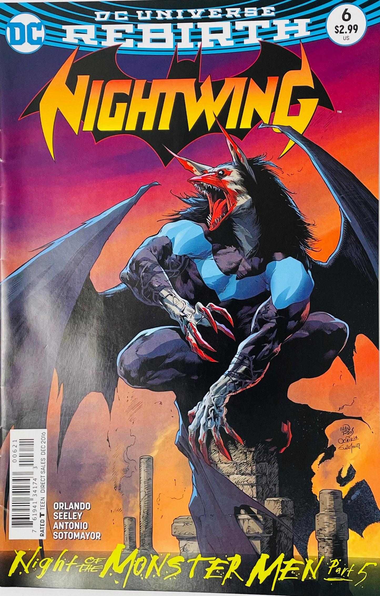 Nightwing issue 6 cover showing a monstrous, mutated Nightwing with bat wings and a bird beak roaring from a rooftop ledge under a fiery orange sunset.